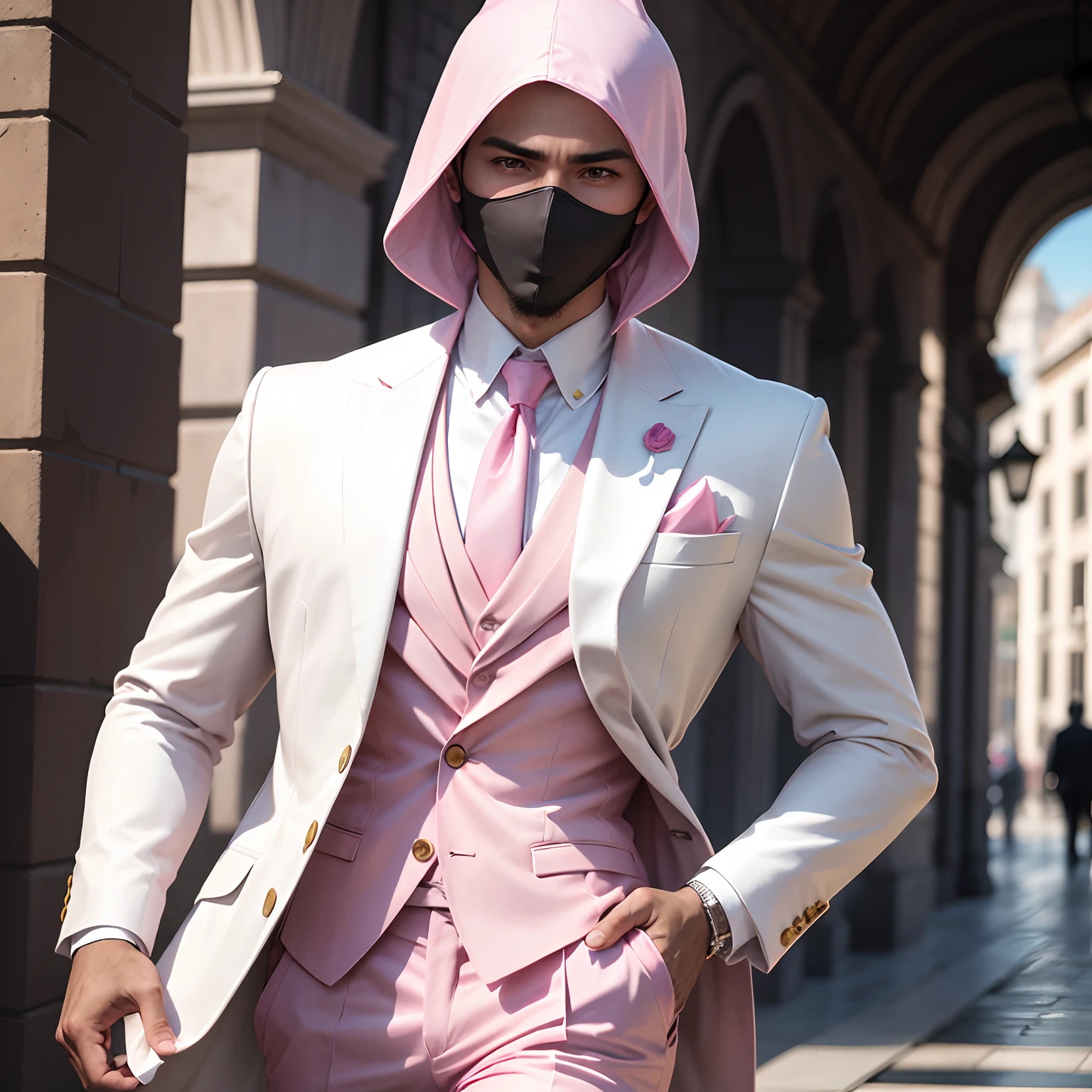 a man with a pink thief mask that covers his entire face wearing an elegant white suit