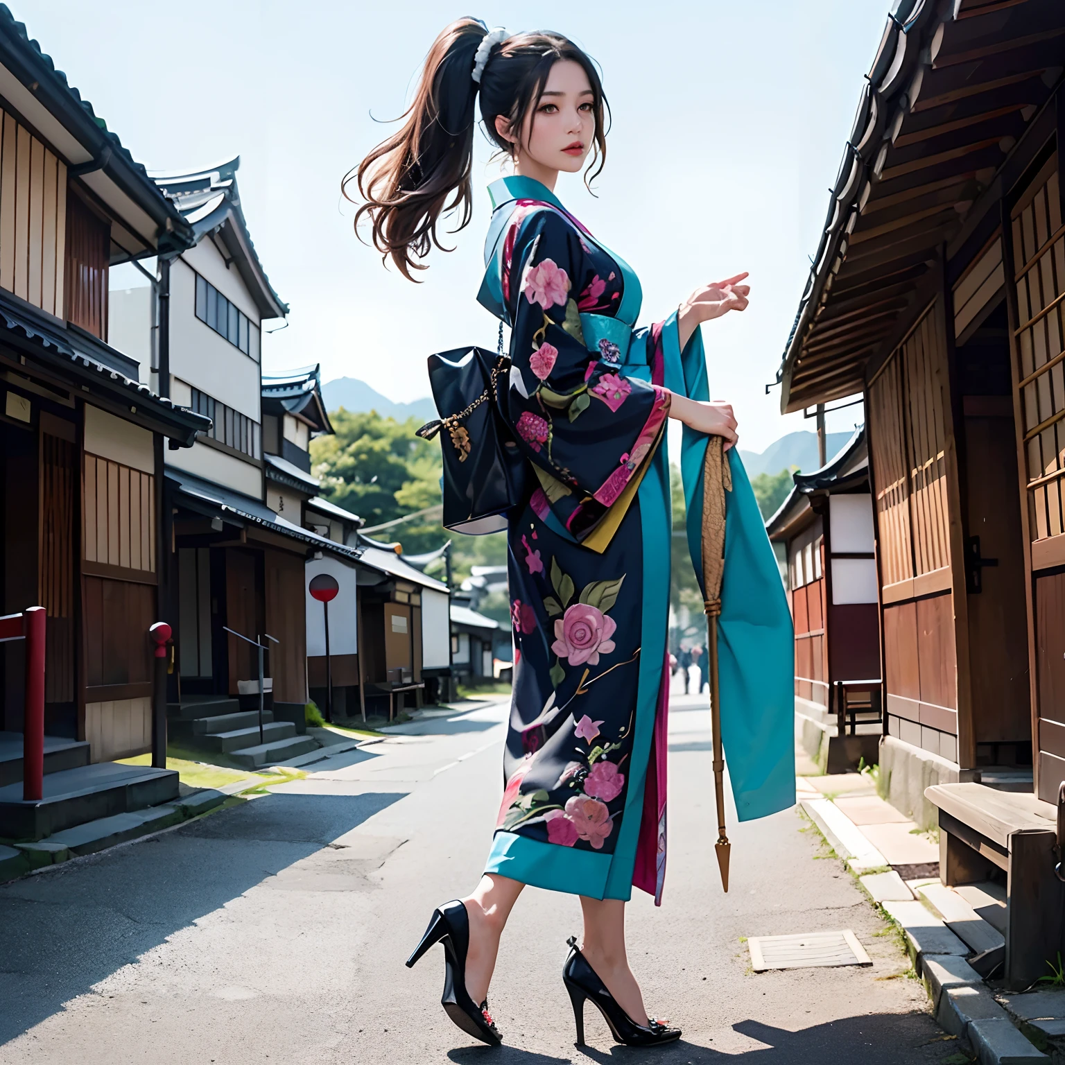 Cyberpunk style,BRAEK,Background of details(Temples and shrines in Kyoto(with no people)),BREAK,elaborate costume{Luxury kimono(Colorful kimono(detailed embroidery,))}、1womanl(Japanese actressl:1.2)(face perfect:1.2),Depicting a beautiful and classy adult woman,glossy dark hair(poneyTail),Heart in the eye, Wallpapers 16K,Blur the background with a sickle,((masutepiece)), ((Best Quality)),{{a portrait photo of}},full body Esbian