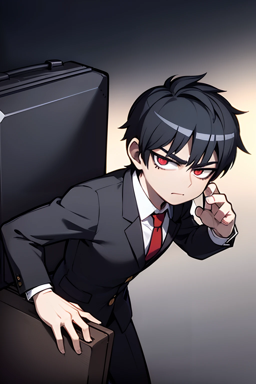Reigen Arataka in a black suit, with a white shirt underneath, a red tie, a black suitcase, black hair, a mole on the side of his mouth, dark circles under his eyes, joestar star on his neck, model pose, jojo pose, blue aura, blue energy, eye dark blue