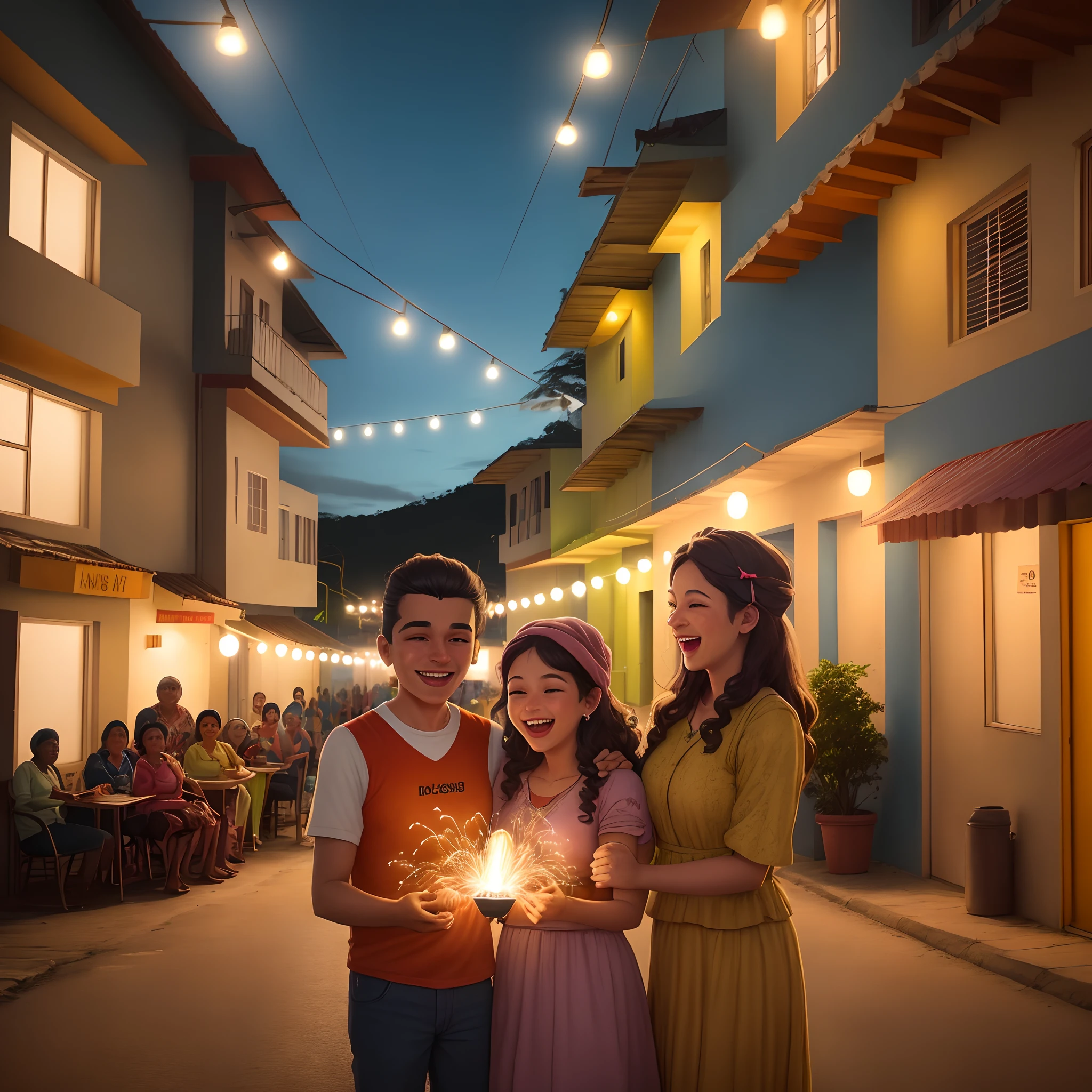 "Empowering Honduras with Electricity" - Create a vibrant and heartwarming illustrated image that highlights the transformative power of electrical energy for the people of Honduras. Showcase a joyful scene where residents of various backgrounds and ages celebrate their newfound access to electricity. Illuminate the streets with public lighting, and capture the happiness and hope on their faces as they enjoy the benefits of electricity. This image should serve as a powerful reminder of the positive impact of electrical access on communities, Illustration, using vibrant colours and a heartwarming style to depict the significance of electricity for the people of Honduras