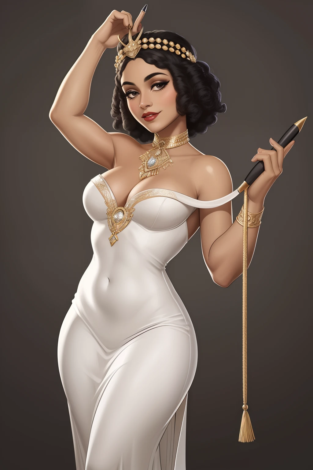 Araffe's wife in a flappper costume holding a wand and wearing a headband, melindrosa, Anos 20, fantasia, Traje de alta qualidade, rugindo vinte anos, 1920s vibes, 1 9 2 0 s estilo pano, Era do Jazz, saia preta curta, 1 9 2 0 s estilo, Estilo dos anos 1920 uma mulher negra, mulata, Morena, imagem de ,corpo inteiro, cabelo afro caindo para a frente, Rasta type but braided,com o corpo perfeito de corpo inteiro lindo seios perfeito, BEAUTIFUL PERFECT LIPS, perfect hands beautiful beautiful image beauty mayor,