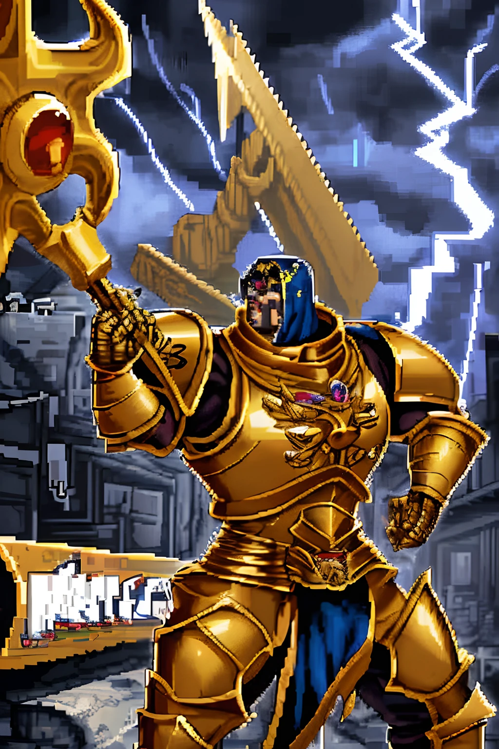 stormcast eternals sigmar golden armor, big armor, huge armor, shoulderpads, muscle, gang Boyz white bobcut girl pixel art Warhammer 40k heaven thunder hammer, graffiti, letters, music band