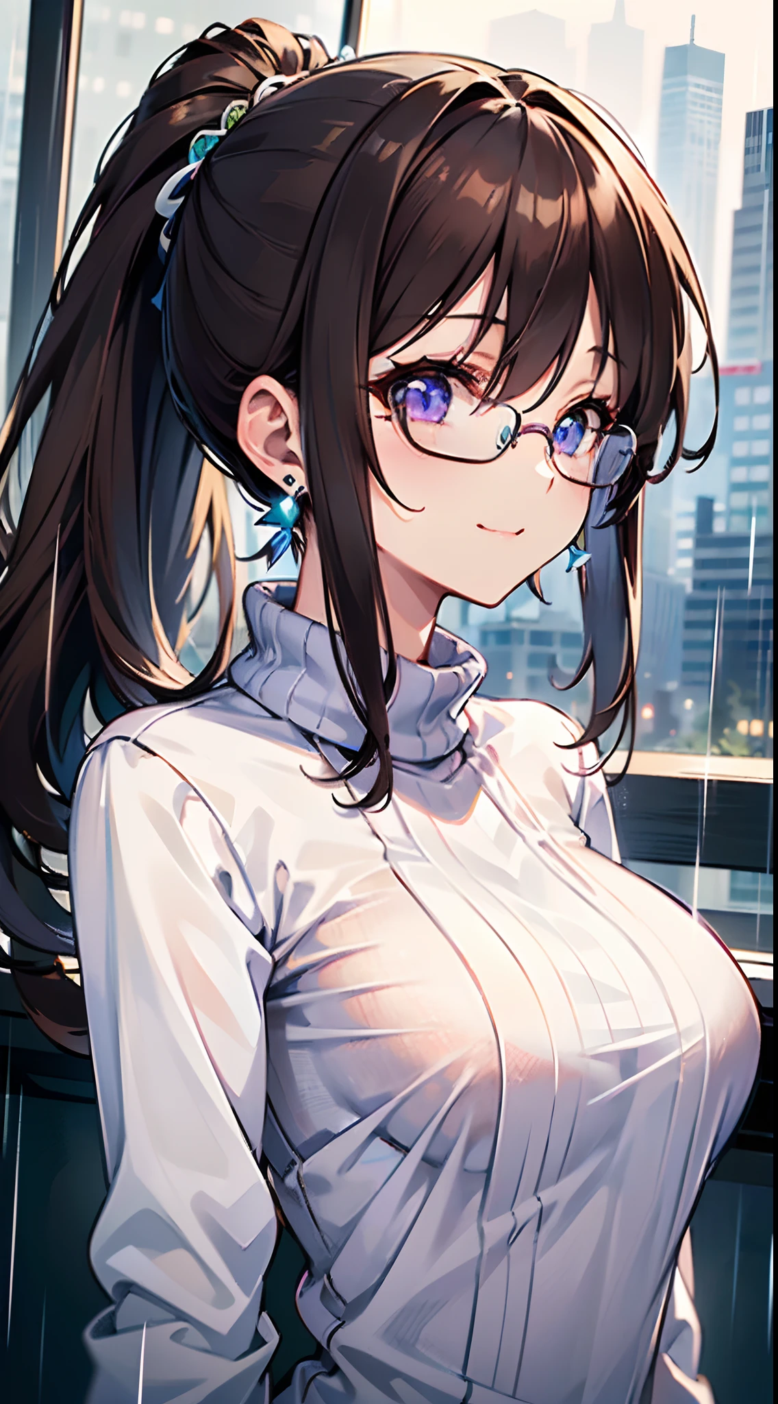 ((masutepiece)), ((Best Quality)), (Ultra-detailed), ((kawaii)), Cute, (lovely), ((Sexy)), (Ero), ((Extremely detailed)), 4K, (8K), Best Quality, (Beautiful), Anime style, Upper body, face in profile, Focus on the face, city, Town, morning, s, 1girl in, Solo, Sweaters, jeans, (((Beautiful dark brown hair:1.2))), Beautiful purple eyes, ((Beautiful eyes with highlights:1.2)), White-skinned, Ponytail, Transparent hair, translucent hair, large full breasts, Glasses, earrings, Smile, Wind-effect, rainy, Rain, reflection effect, Add_detail:1.5,
