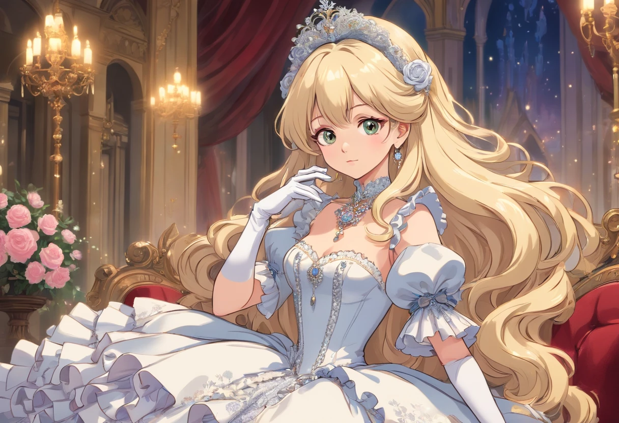 A stunningly beautiful blonde fairytale Princess shining with Royal Pomp and Regal Splendor, wearing a Stately and (((Elaborate))) Royal Cinderella Wedding Dress of Silver and White Brocade, with (((enormous puffed sleeves))) a stiffly boned, padded and corseted bodice, an hourglass waist, a (((huge crinoline hoopskirt))) and (((bustle))), adorned with ribbons, bows, roses, lace, ruffles, frills, embroidery, and jewels, elaborately curled and styled hair, long white gloves, pearl and diamond necklace and earrings
