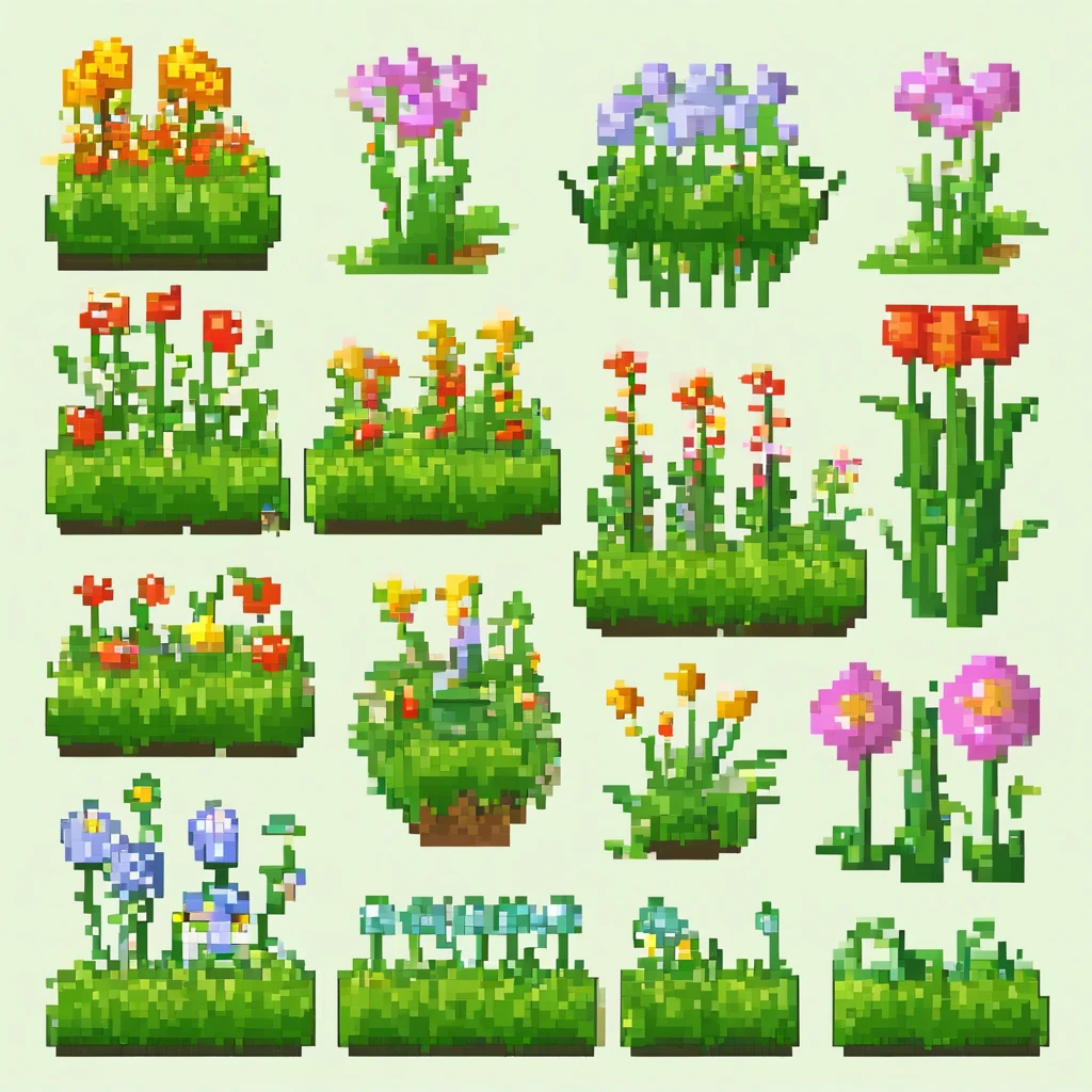 Grass with flowers, pixelated sprite style, side glance, game asset