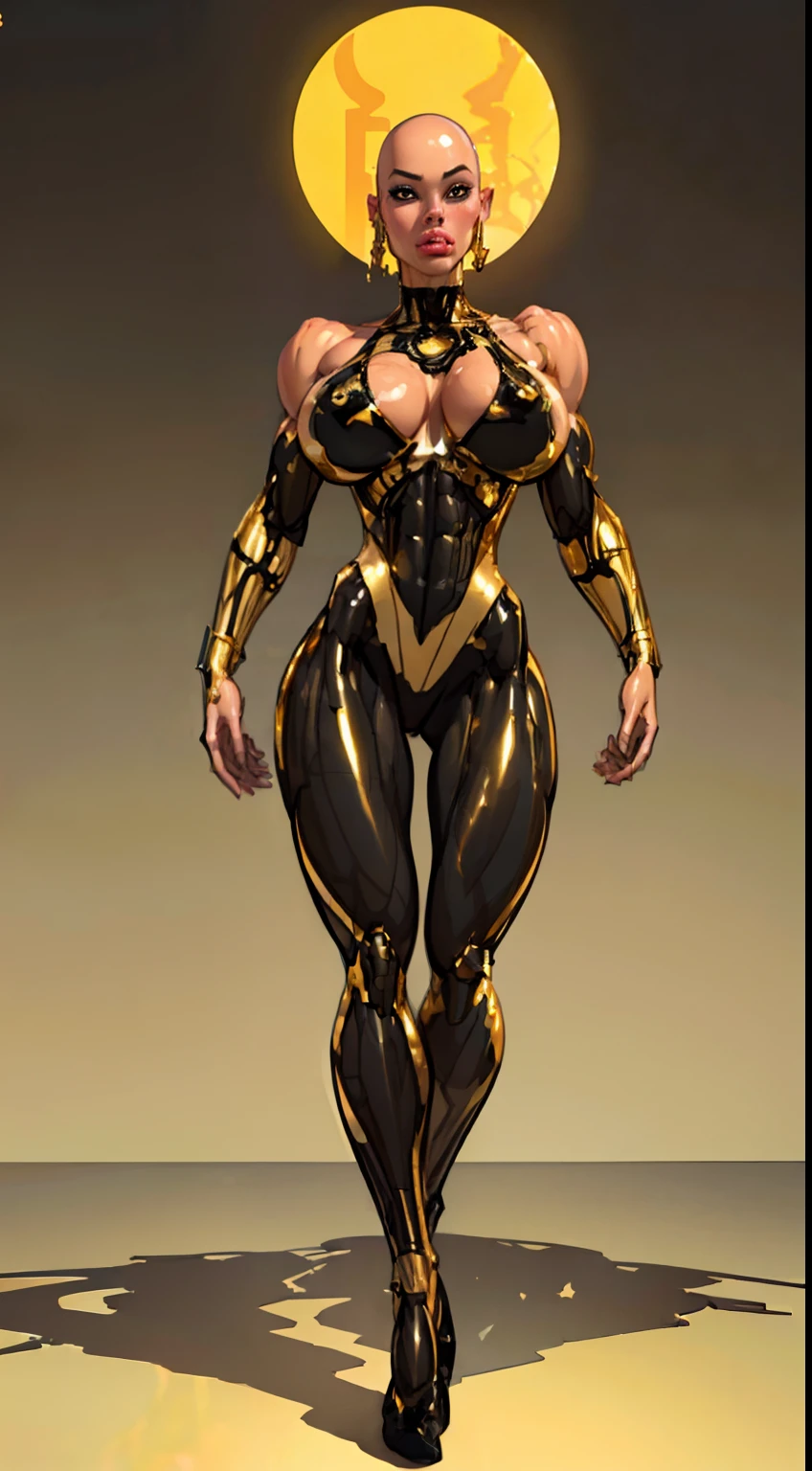 8k ((long neck:1.5))((full body view))((view from below:1.5)),(large eyes:1.3), defined cheekbones, looking back, ((the pit style:1.leek gold bodysuit:1.6)) ((intricate translucent details:1.4))detailed face:1.5), translucent skin,(puffy :1.5) (translucent skin:1.6), (bald woman:1.7), (skinhead) ((sexy pose)Muscular:1.6), ((gigantic breasts:1.5))ly detailed, majestic, digital photography, art by artgerm and ruan jia and greg rutkowski, ((clear shoulder pads:1.2)), (masterpiece),((wide shoulders:1.5)) sidelighting, intricate details, (((black and gold color palette))), body appears see through, ((black legs))((black torso))(slendered abs:1.2)