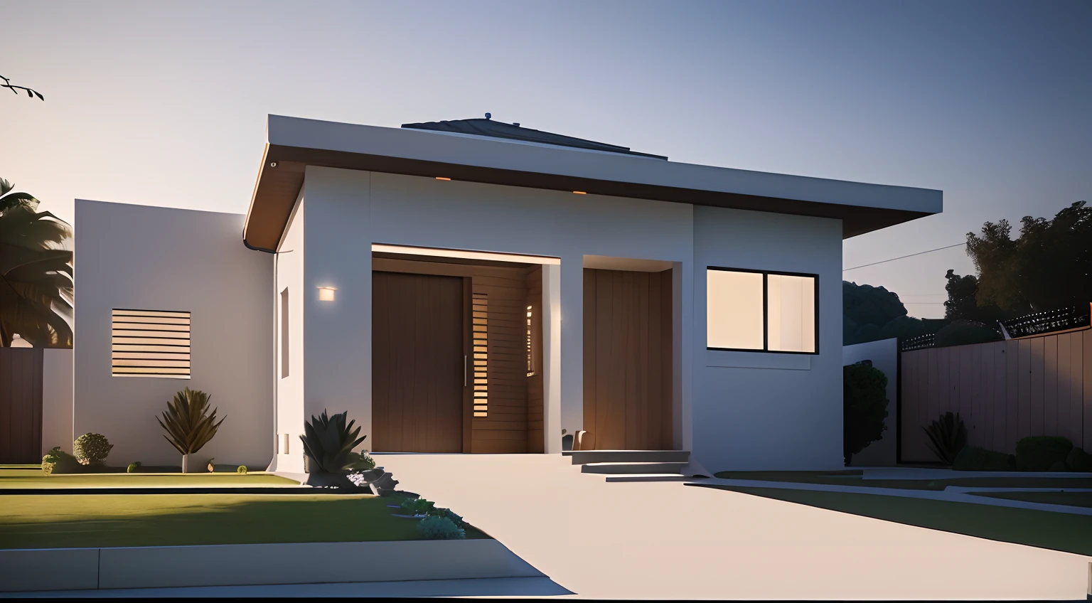 There's a white house with a brown door and a white picket fence, architectural 3 d render, architectural render, architectural visualisation, award winning render, luxcore render, award winning render, professional render, lumion rendering, highly photographic render, architectural visualisation, fully detailed render, design exterior, photographic render, exterior grande angular 2022, 3D-rendering