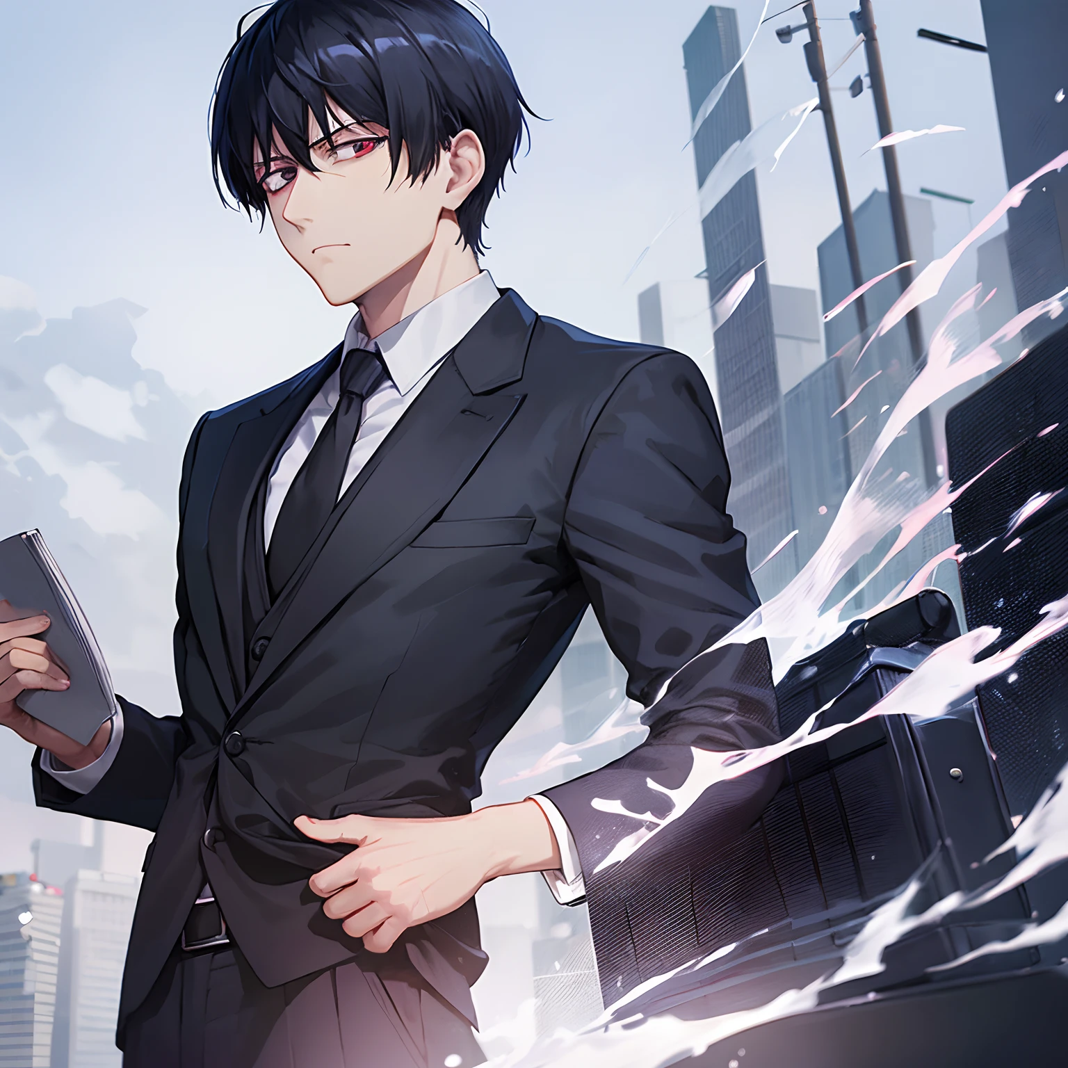 Reigen Arataka in a black suit, with a white shirt underneath, a red tie, a black suitcase, black hair, a mole on the side of his mouth, dark circles under his eyes, joestar star on his neck, model pose, jojo pose, blue aura, blue energy, eye dark blue