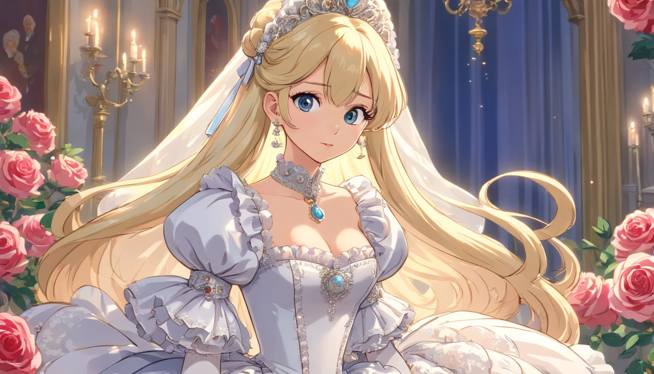 A stunningly beautiful blonde fairytale Princess shining with Royal Pomp and Regal Splendor, wearing a Stately and (((Elaborate))) Royal Cinderella Wedding Dress of Silver and White Brocade, with (((enormous puffed sleeves))) a stiffly boned, padded and corseted bodice, an hourglass waist, a (((huge crinoline hoopskirt))) and (((bustle))), adorned with ribbons, bows, roses, lace, ruffles, frills, embroidery, and jewels, elaborately curled and styled hair, long white gloves, pearl and diamond necklace and earrings