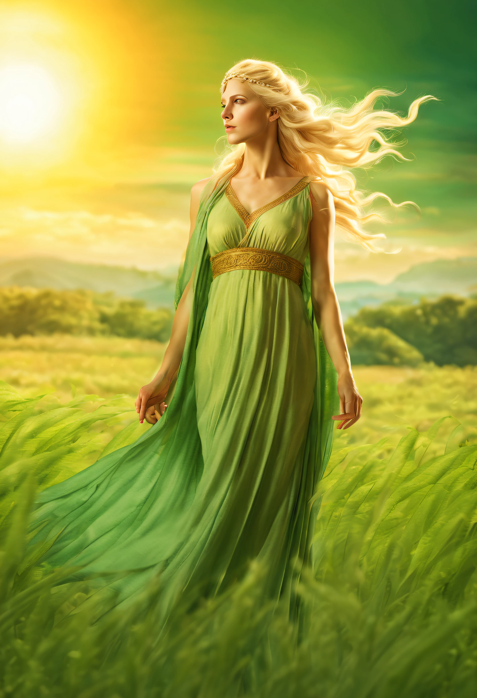 fantasy art of a blonde Greek Goddess Demeter standing in a green field full nude with the Sun behind her, spiritual, ethereal