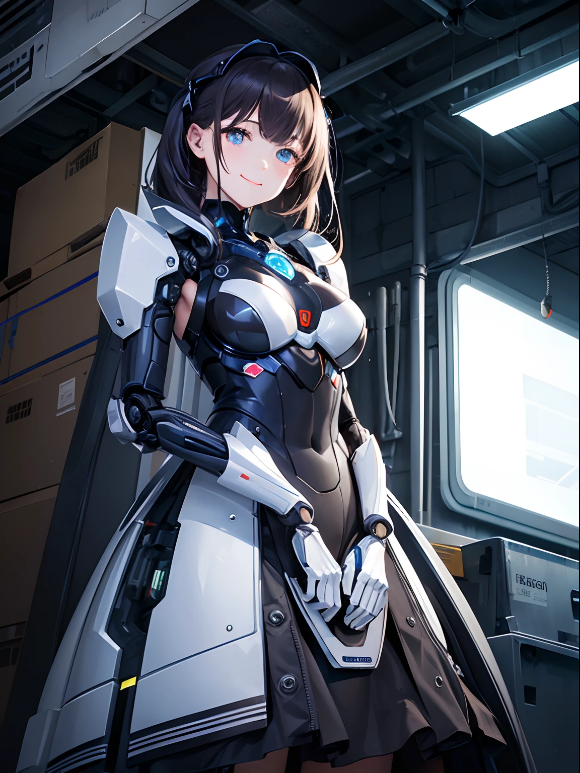 Portrait of robot woman in garage at night, scienc_fiction、Mechanical maid clothes、There are lines on the face、In the job、Mechanical eyes、A flimsy smile、Beautuful Women