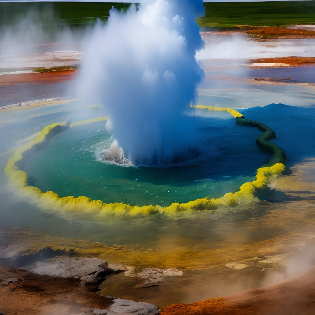 Geyser erupts in boiling water, Powerful Geyser, High Geyser, wooden bridge, Bridge over the geyser