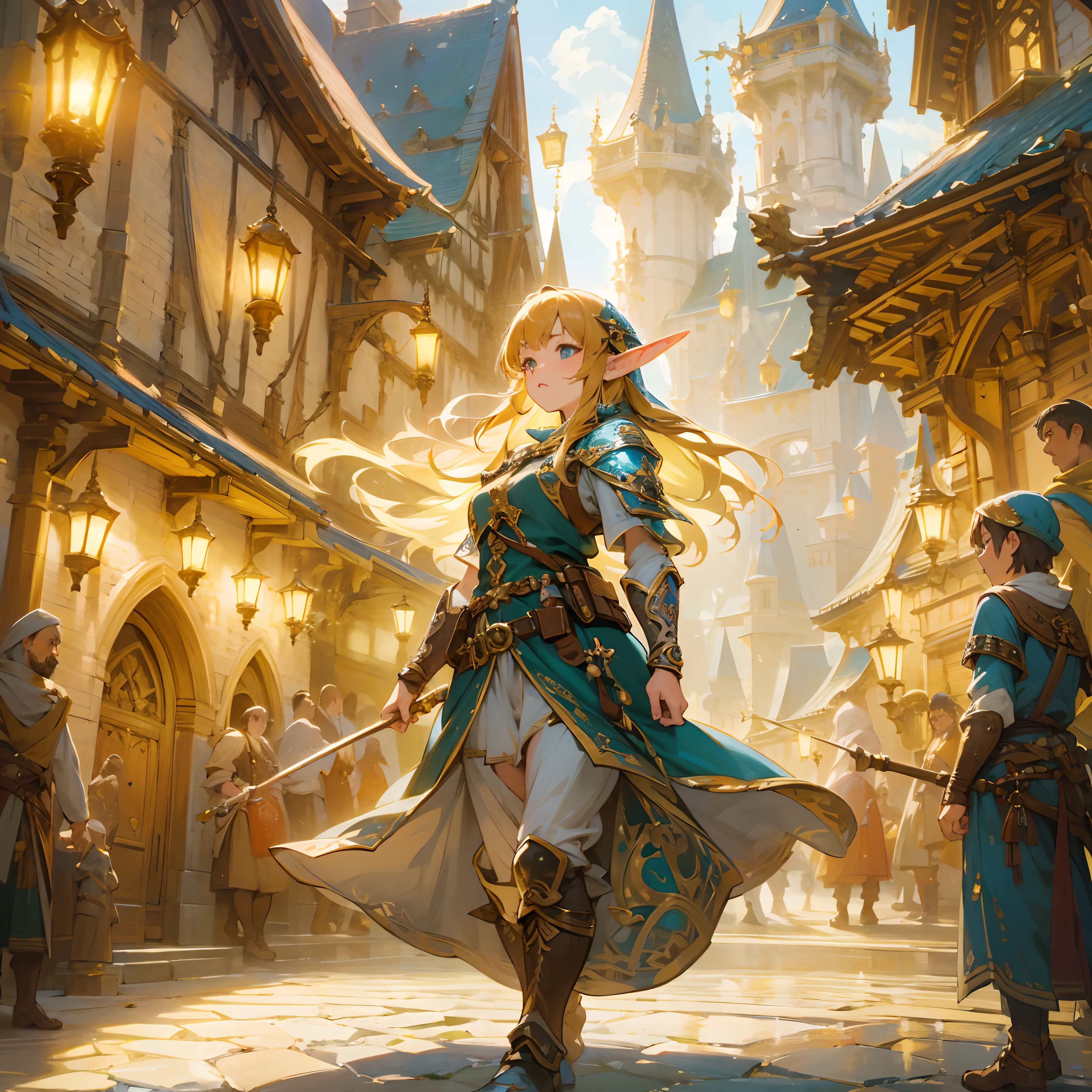 Japanimation, eroge, Fantasy scene, Fantasy composition, illustration, cinematic composition, delicate composition, dynamic angle, perfect anatomy, full body, Incredibly hyper-detailed and intricately realistic, Perfect, Cover art, zoomout, hyper detailed painting, luminism, with an intricate, 4k resolution concept art portrait, extremely high level illustration, 16k, extremely high level illustration, absurd resolution, absurd detailed, soft and warm lighting, (((masterpiece))), best quality, extremely detailed, fantasy lighting, beautiful detailed glow, perspective, depth of field, proportion, blurry background, bokeh, sharp focus, depth and dimension, an extremely beautiful detailed Medieval European Town, A scene of an elf girl, a dwarf and a human adventuring together.