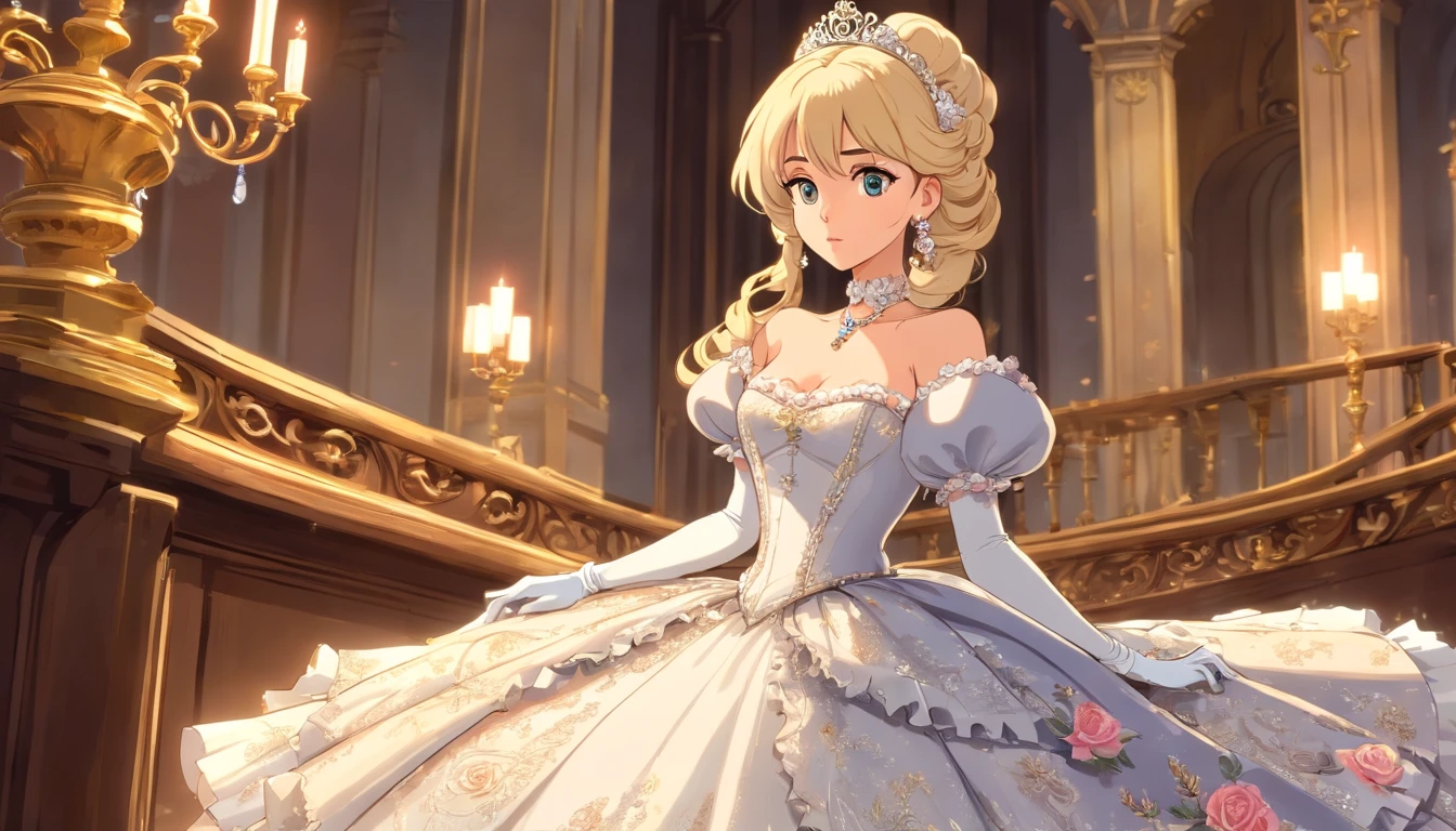 A stunningly beautiful blonde fairytale Princess shining with Royal Pomp and Regal Splendor, wearing a Stately and (((Elaborate))) Royal Cinderella Wedding Dress of Silver and White Brocade, with (((enormous puffed sleeves))) a stiffly boned, padded and corseted bodice, an hourglass waist, a (((huge crinoline hoopskirt))) and (((bustle))), adorned with ribbons, bows, roses, lace, ruffles, frills, embroidery, and jewels, elaborately curled and styled hair, long white gloves, pearl and diamond necklace and earrings