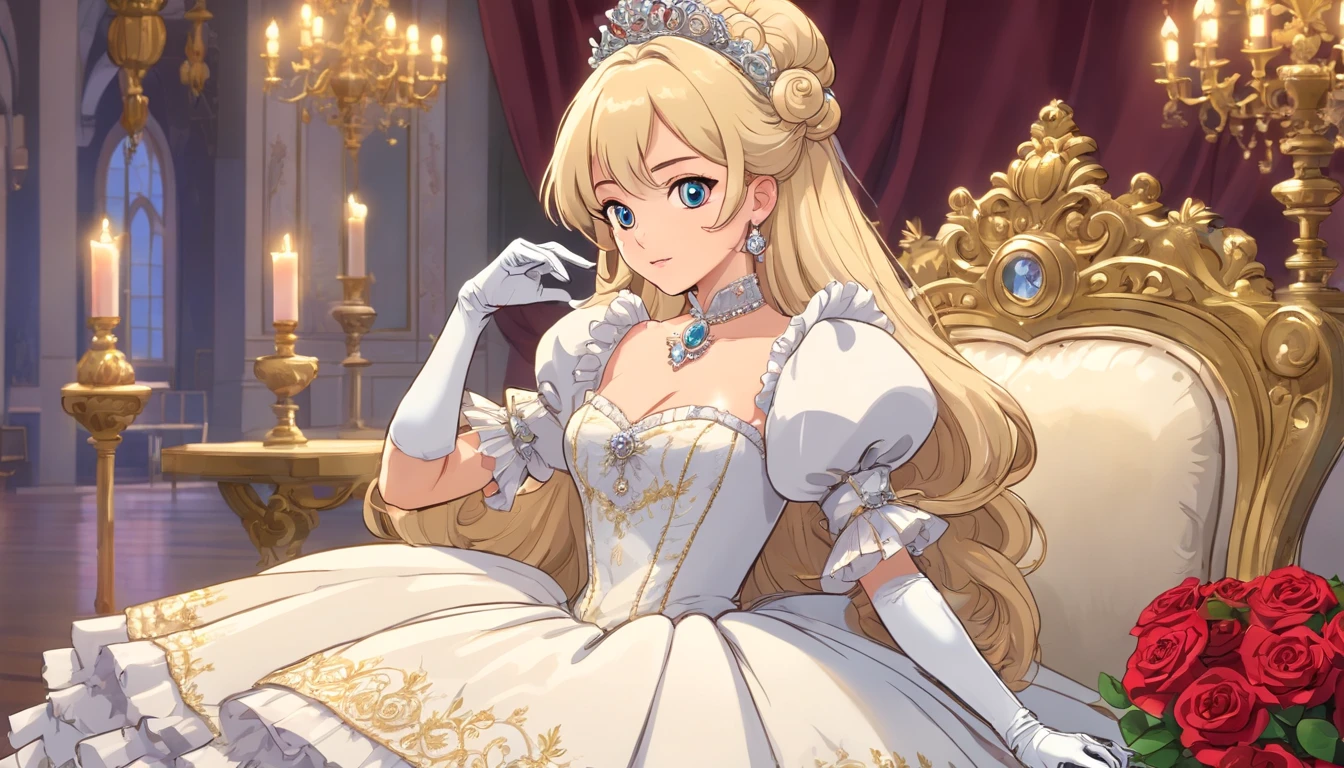 A stunningly beautiful blonde fairytale Princess shining with Royal Pomp and Regal Splendor, wearing a Stately and (((Elaborate))) Royal Cinderella Wedding Dress of Silver and White Brocade, with (((enormous puffed sleeves))) a stiffly boned, padded and corseted bodice, an hourglass waist, a (((huge crinoline hoopskirt))) and (((bustle))), adorned with ribbons, bows, roses, lace, ruffles, frills, embroidery, and jewels, elaborately curled and styled hair, long white gloves, pearl and diamond necklace and earrings
