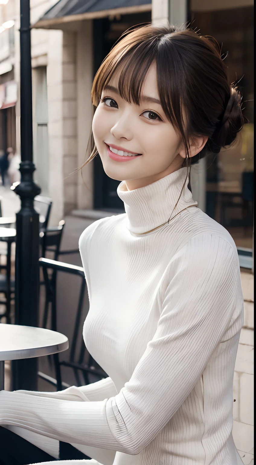 (Sit in front of the café:1.4),Best Quality, 1girll, (skin indentation), (Slender models:1.2), (blur backgroun:0.6), (Street:1.2), (People, Crowd of:1), Sonoko, day, plein air, (Casual Fashion, elegant fabric, turtleneck dress:1.5), Gorgeous, (Random hairstyle:1.2), (Floating hair:1.2), (Dynamic Pose:1.2), Soft lighting, Wind, (Front light:1.5),  makeup,(Natural smile:1.2)