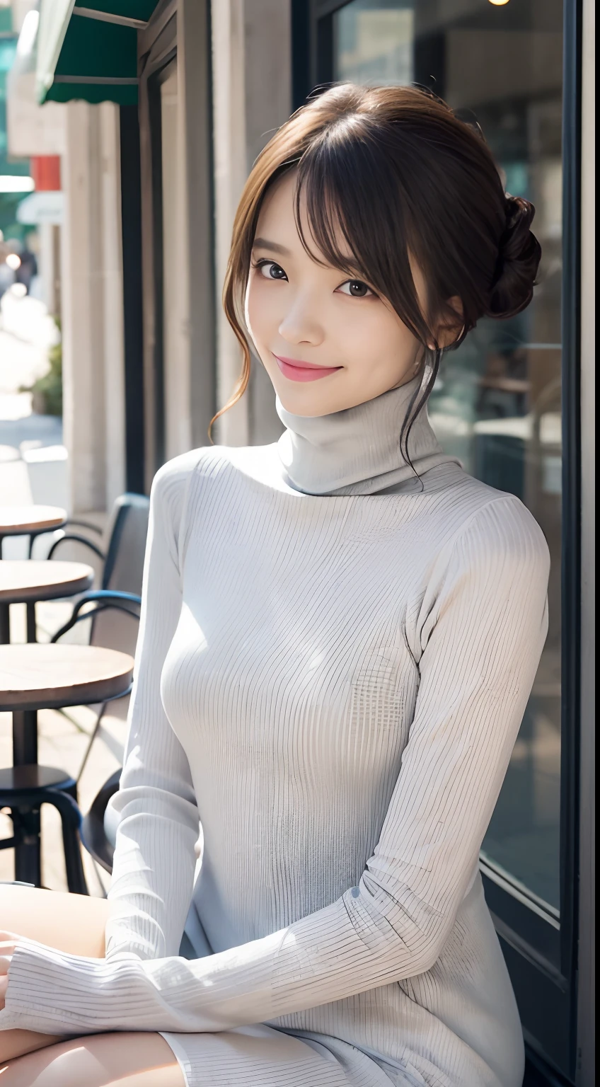 (Sit in front of the café:1.4),Best Quality, 1girll, (skin indentation), (Slender models:1.2), (blur backgroun:0.6), (Street:1.2), (People, Crowd of:1), Sonoko, day, plein air, (Casual Fashion, elegant fabric, turtleneck dress:1.5), Gorgeous, (Random hairstyle:1.2), (Floating hair:1.2), (Dynamic Pose:1.2), Soft lighting, Wind, (Front light:1.5),  makeup,(Natural smile:1.2)