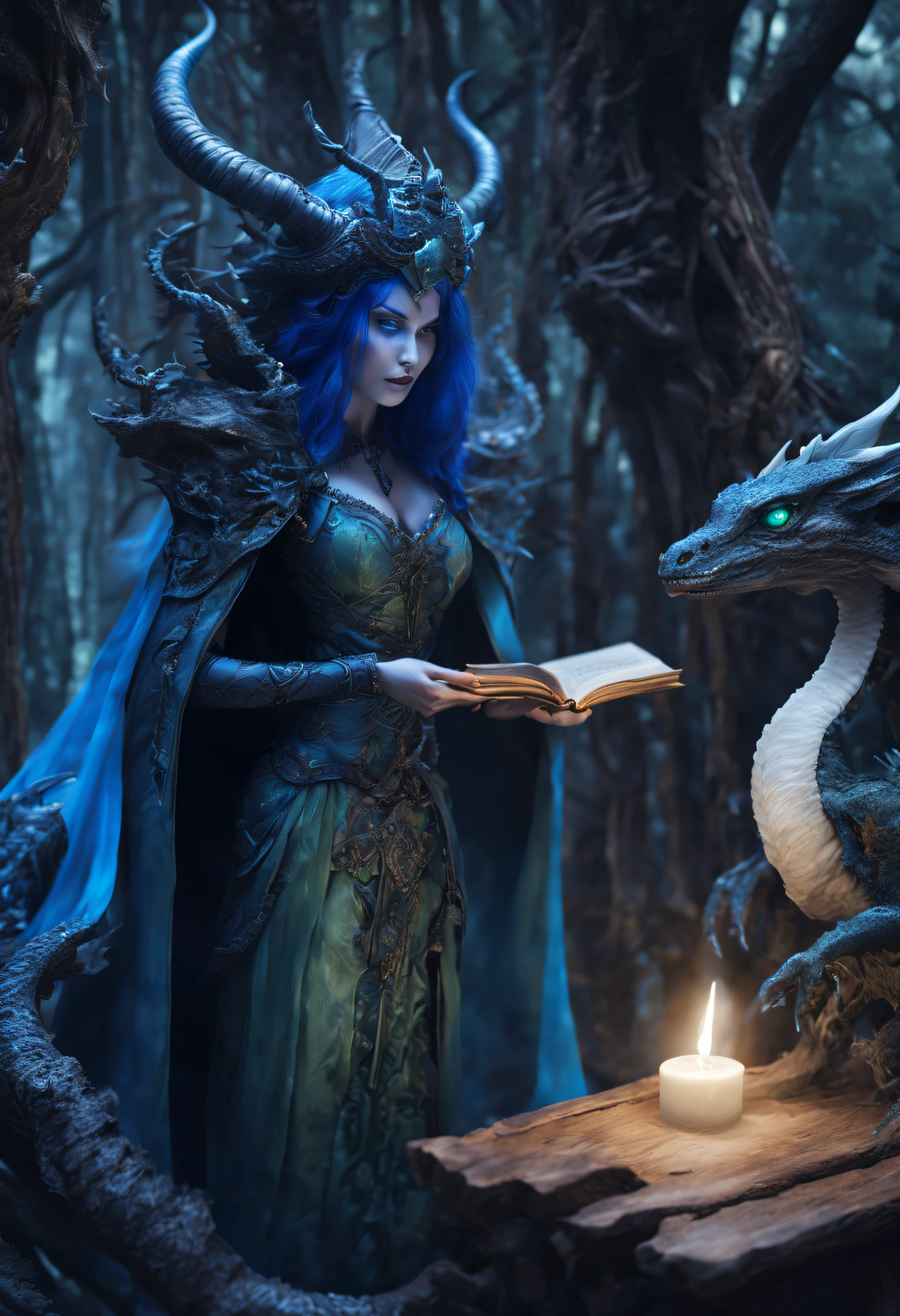 a blue spectral spirit witch queen with a black and white corset standing behind wooden altar in the middle of forest, casting a spell with right hand and watching through a dark and ominous green astral void portal, two dragons fighting in the back round digital, spell book and with dragon statue on the altar,