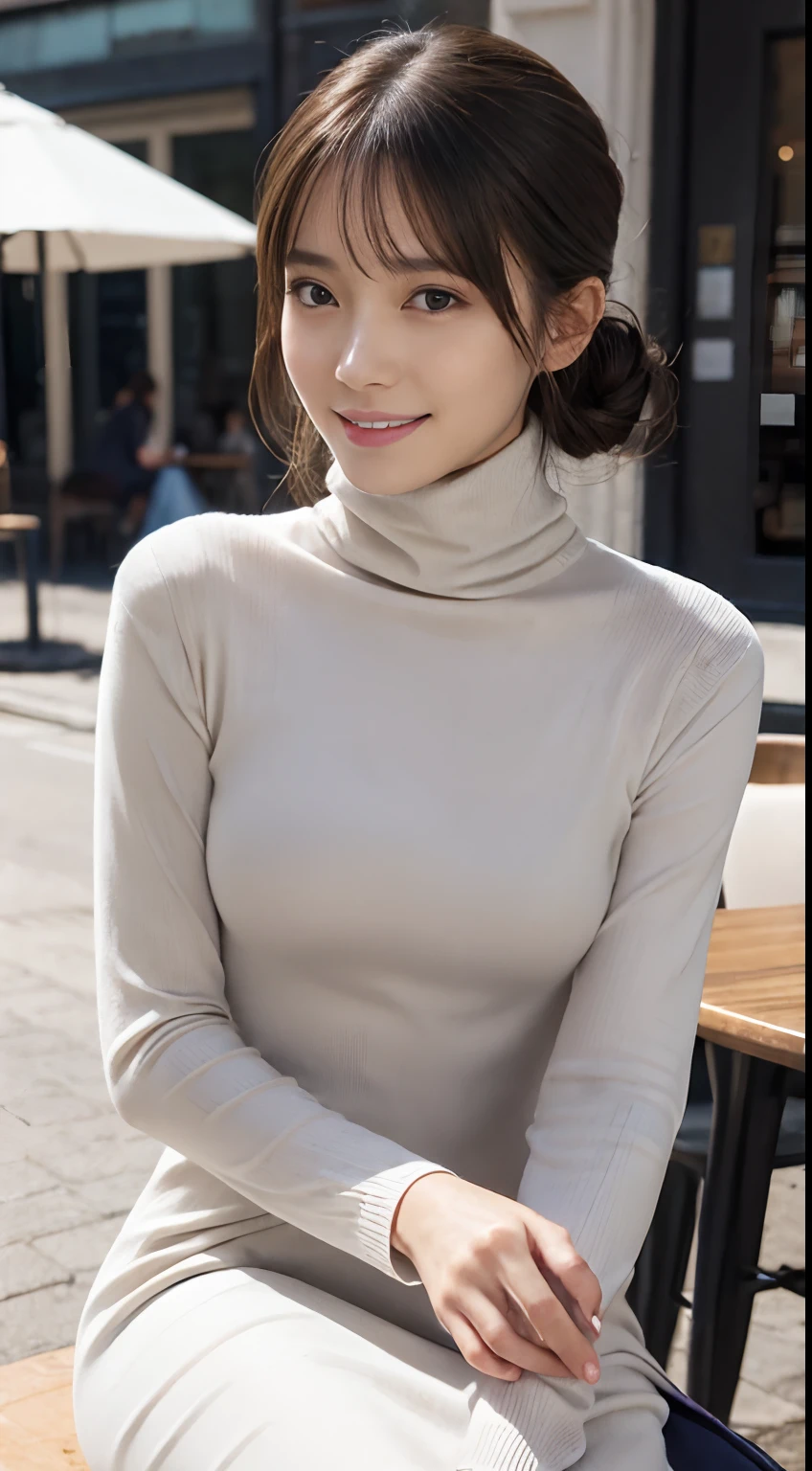 (saika1),(Take a seat in a café:1.4),Best Quality, 1girll, (skin indentation), (Slender models:1.2), (blur backgroun:0.6), (Street:1.2), (People, Crowd of:1), Sonoko, day, plein air, (Casual Fashion, elegant fabric, turtleneck dress:1.5), Gorgeous, (Random hairstyle:1.2), (Floating hair:1.2), (Dynamic Pose:1.2), Soft lighting, Wind, (Front light:1.5), makeup,(Natural smile:1.2)