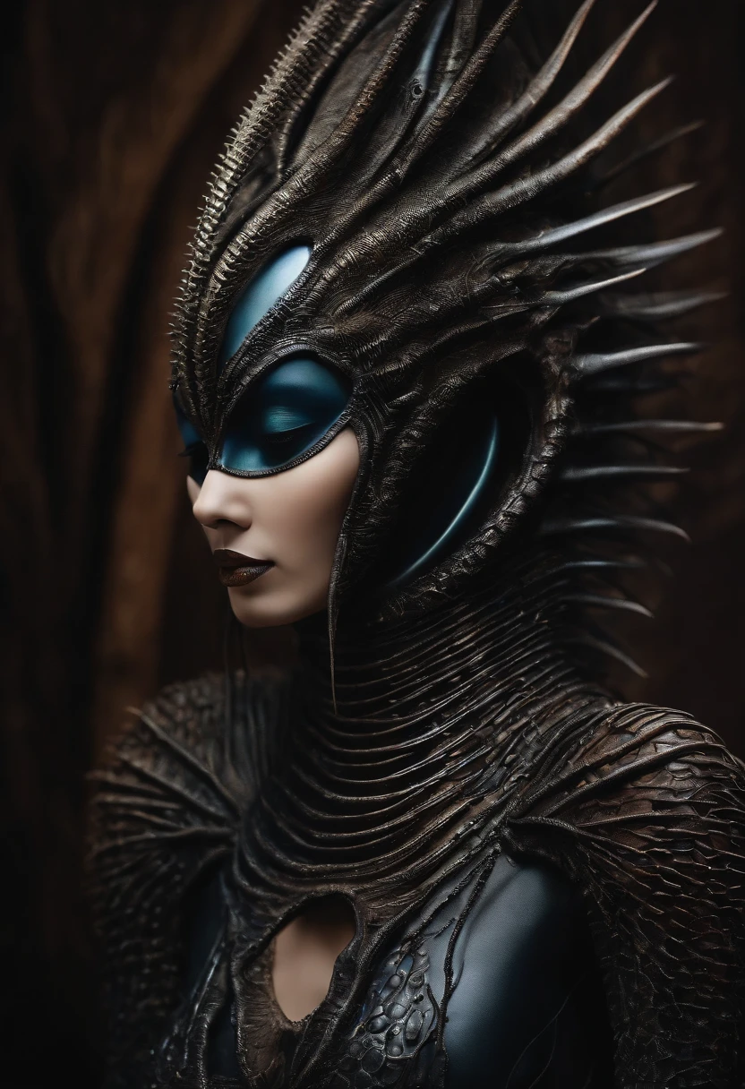 A prickly, faceless alien woman, /estilo H.G. giger