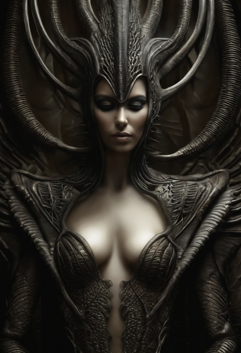 A prickly, faceless alien woman, /estilo H.G. giger