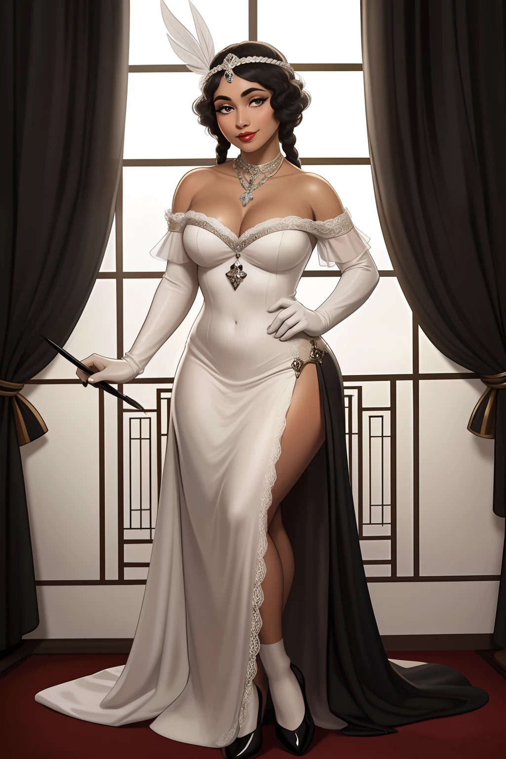Araffe's wife in a flappper costume holding a wand and wearing a headband, melindrosa, Anos 20, fantasia, Traje de alta qualidade, rugindo vinte anos, 1920s vibes, 1 9 2 0 s estilo pano, Era do Jazz, saia preta curta, 1 9 2 0 s estilo, Estilo dos anos 1920   uma mulher negra, mulata, Morena,  imagem de ,corpo inteiro, cabelo afro caindo para a frente, Rasta type but braided,com o corpo perfeito de corpo inteiro lindo seios perfeito, beautiful perfect lips, gorgeous perfect hands gorgeous image beautiful beauty mayor,