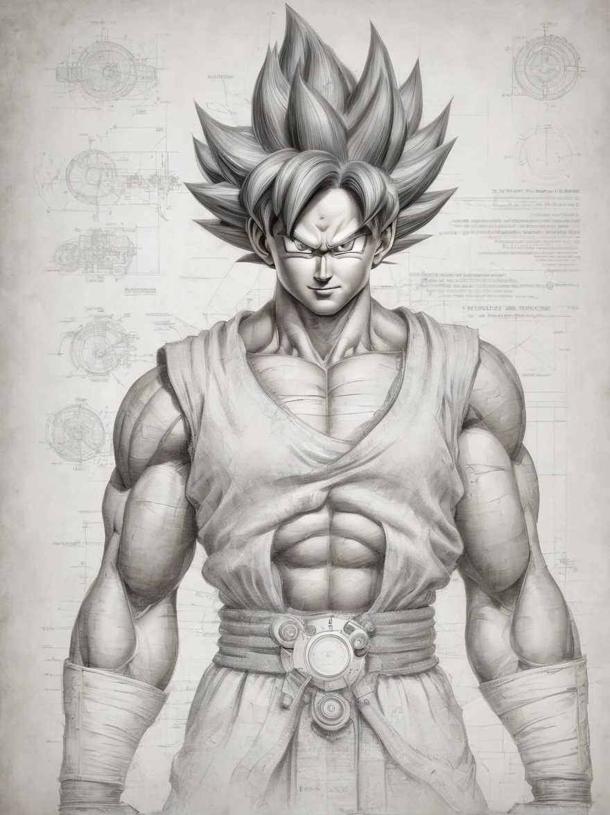 poster of a mechanical Goku, technical Schematics viewed from front and side view on light white blueprint paper, Illustration drafting style, illustration, typography, conceptual art, dark fantasy, steampunk