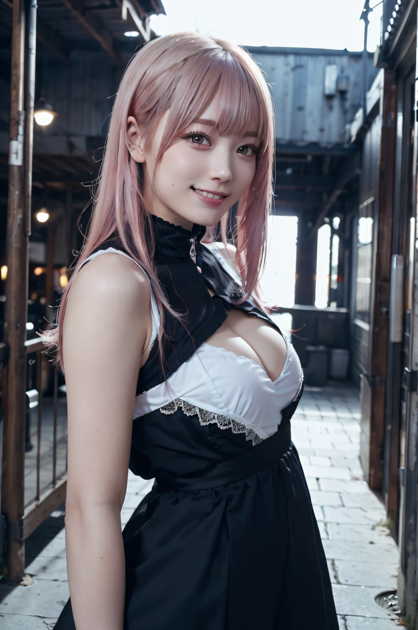 ((masutepiece)), ((Best Quality)), (Ultra-detailed), ((Extremely detailed)), 4K, (8K), Best Quality, (Beautiful), city, backstreet, Winters, Cute little girl s, 1girl in, Solo, cyberpunked, The costume, Beautiful pink hair 0, ((Beautiful eyes)), large full breasts, Smile