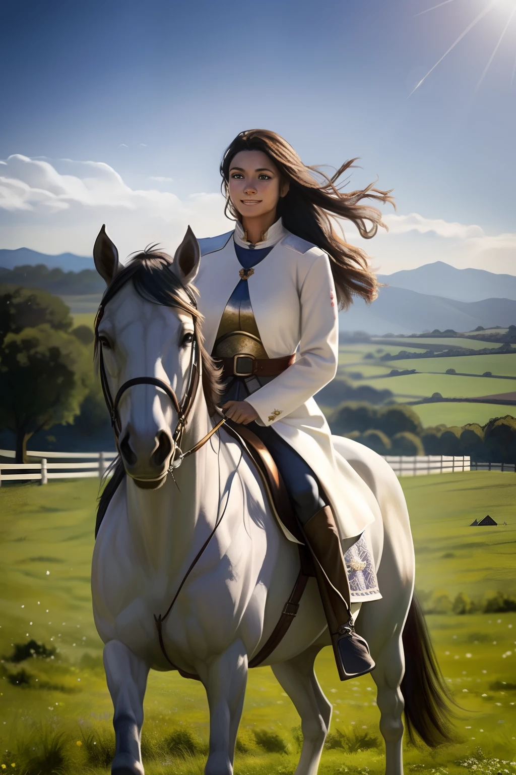 The image shows a woman riding a white horse in an open field. The woman is dressed in the attire of a warrior from 10th century England. She has long dark hair flowing down her back. Her face is beautiful and expressive, with dark eyes and a radiant smile. The horse is large and muscular, with a shiny white coat. Its mane and tail are black.
The 25-year-old woman is sitting on the horse with a confident and assured posture. Her right hand holds a sword that gleams in the sun, while her left hand holds a war shield typical of the era. The thoroughbred horse wearing a breastplate with its regimental emblem is trotting, its white coat moving in step.
The image is taken from an elevated vantage point, allowing a view of the open field and blue sky. The sun is shining, and the landscape is full of life. The image can be interpreted as a representation of freedom
Representation of freedom, strength and beauty.