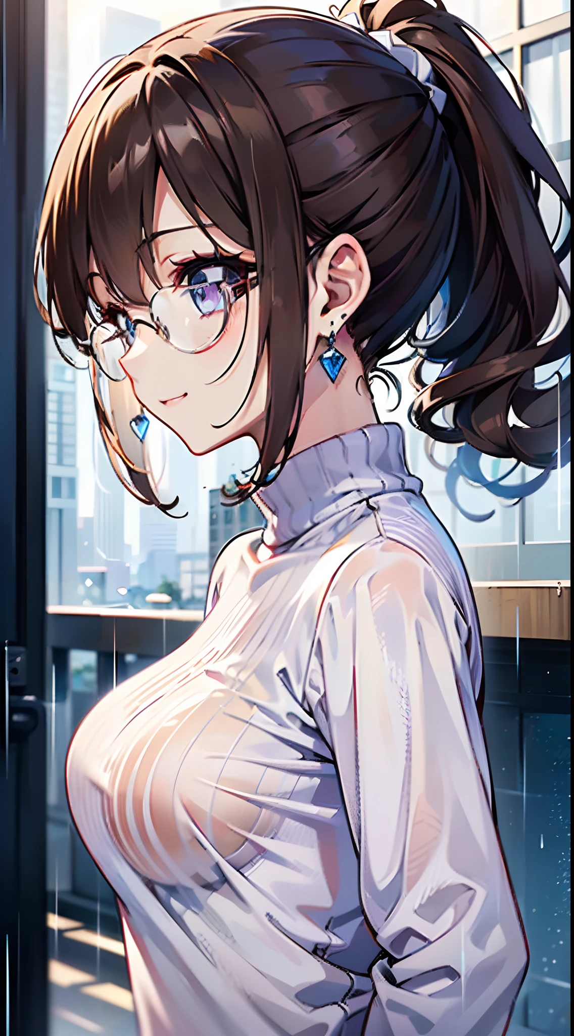 ((masutepiece)), ((Best Quality)), (Ultra-detailed), ((kawaii)), Cute, (lovely), ((Sexy)), (Ero), ((Extremely detailed)), 4K, (8K), Best Quality, (Beautiful), Anime style, Upper body, face in profile, Focus on the face, city, Town, morning,  s, 1girl in, Solo, Sweaters, jeans, (((Beautiful dark brown hair:1.2))), Beautiful purple eyes, ((Beautiful eyes with highlights:1.2)), White-skinned, Ponytail, Transparent hair, translucent hair, large full breasts, Glasses, earrings, Smile, Wind-effect, rainy, Rain, reflection effect, Add_detail:1.5,