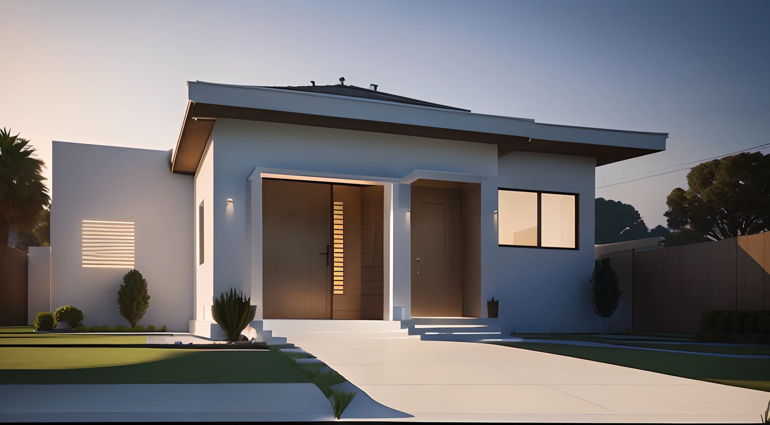 There is a white house with a brown door and a picket white picket fence, architectural 3 d render, architectural render, architectural visualisation, award winning render, luxcore render, award winning render, professional render, lumion rendering, highly photographic render, architectural visualisation, fully detailed render, design exterior, photographic render, exterior grande angular 2022, 3D-rendering