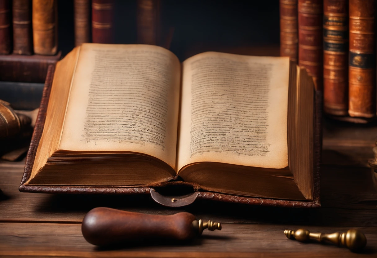 an antique leather-bound book on a wooden table in a mysterious atmosphere, open with ancient letters in an old library.