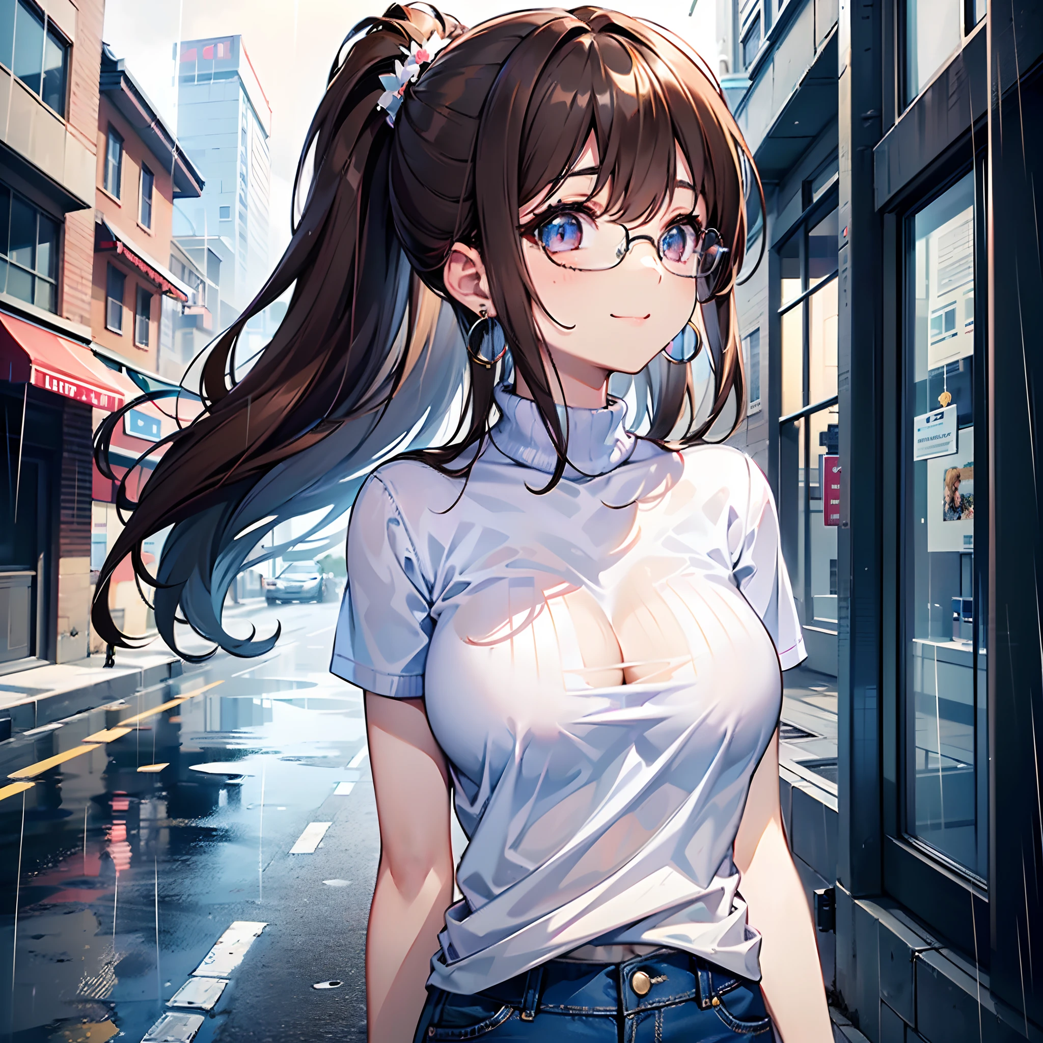((masterpiece)), ((best quality)), (ultra-detailed), ((kawaii)), cute, (lovely), ((sexy)), (ero), ((extremely detailed)), 4K, (8K), best quality, (beautiful), anime style, upper body, face in profile, focus on the face, city, town, morning, a cute girl, 1girl, solo, sweater, jeans, (((beautiful dark brown hair:1.2))), beautiful purple eyes, ((beautiful eyes with highlights:1.2)), white-skinned, ponytail, transparent hair, translucent hair, large breast, glasses, earrings, smile, wind effect, rainy, rain, reflection effect, add_detail:1.5,