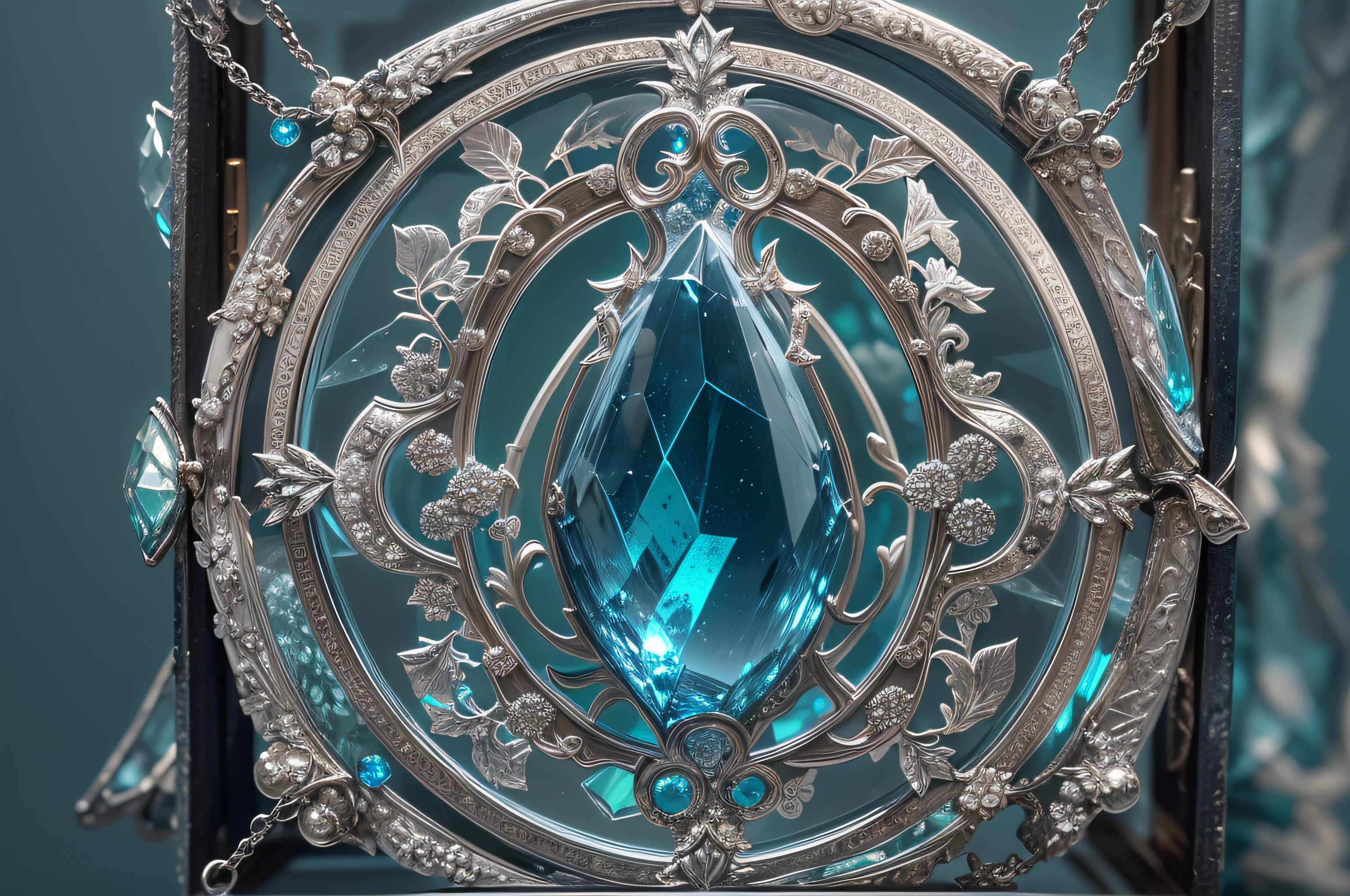 an amulet made from a translucent bluish crystal, set in an intricate silver frame. When held to the light, the crystal glows with an ethereal luminosity, casting dancing shadows around it.