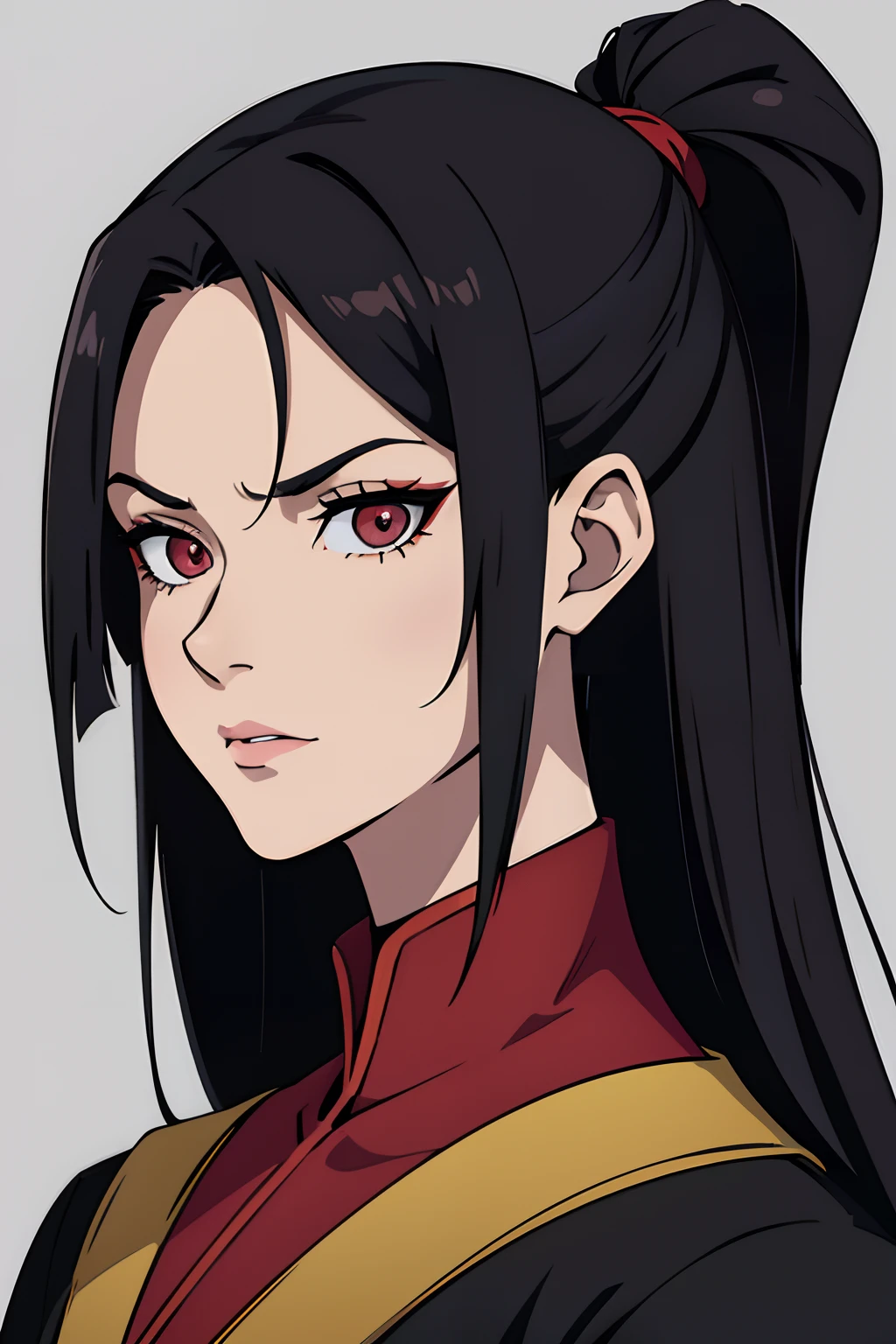 A cartoon of an androgynous mature woman with dark hair and a black and red shirt, Wearing a black mask tactic on the face, cabelo estilo rabo de cavalo, mascara preta no rosto, Jenna Ortega estilo anime, Na arte de Demon Slayer, penteado rabo de cavalo, Rounded Fire Circe Casting, Fanart oficial, Retrato 2D, retrato detalhado do caractere, arte headshot conceito, Androgenic Character Design, official character illustration, ((fundo branco)), mascara preta no rosto, foco no rosto, Azula Inspiration