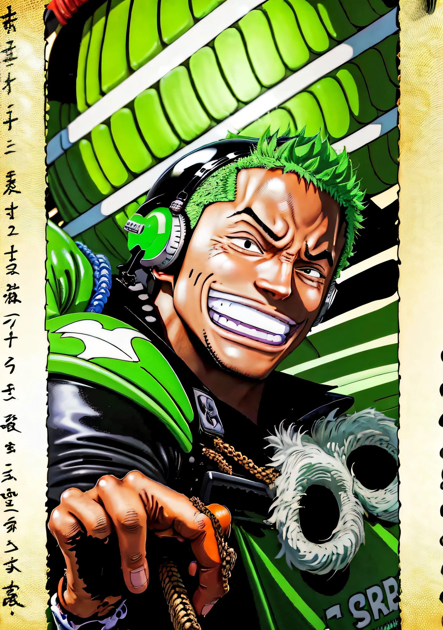 There's a brown-haired boy with headphones on and making a HANG LOOSE sign to the camera, Esta usando uma camisa verde, Desenho estilo anime, Eiichiro Oda Reference, An 18-year-old boy with the appearance of the character Zoro from One Piece, Alta qualidade.