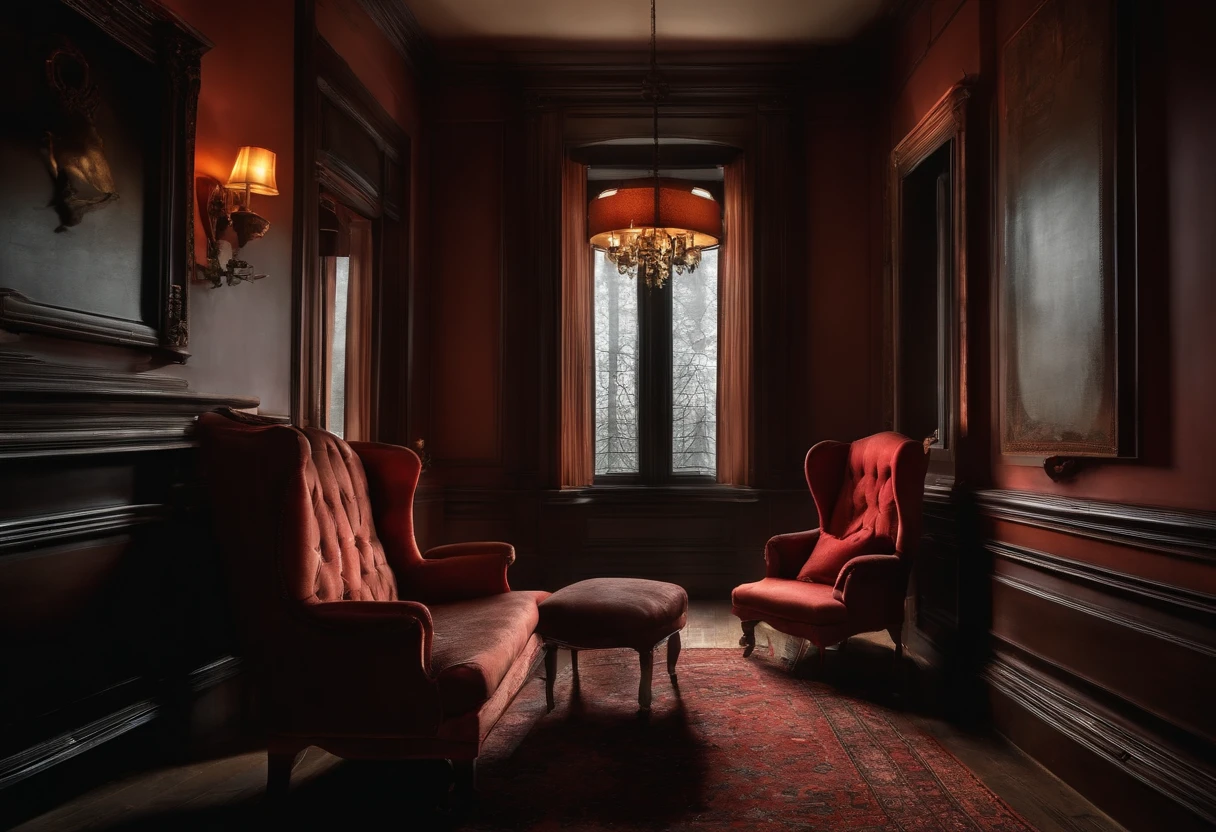 an empty chair in a dark room.