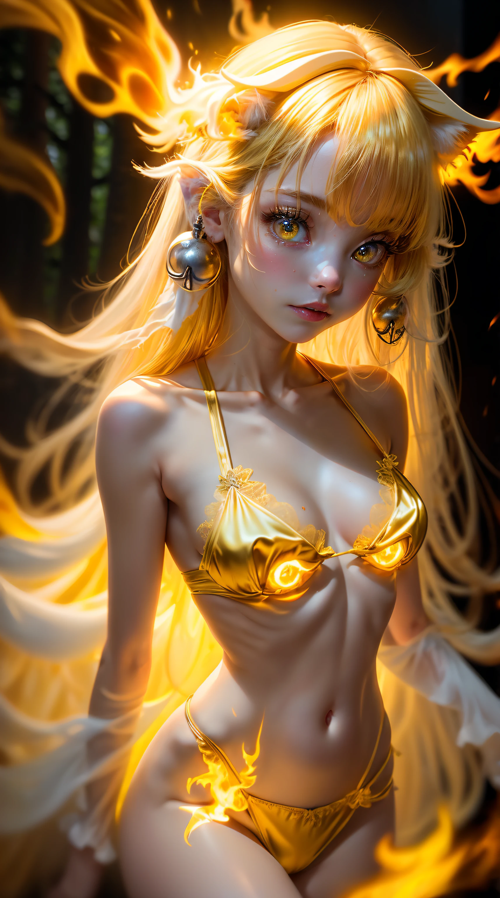 Best Quality, Masterpiece, 8k, RAW, Cute yellow Silk Cat Ear Girl Naked, (Ghost-Girl:1.4), blonde long hair, cute yellow Lingerie, (engulfed in golden Flames:1.2), ghostly light, eerie Atmosphere, (full-body Portrait), Deep-Woods, (Fog:1.2), (Glowing Eyes:1.2)