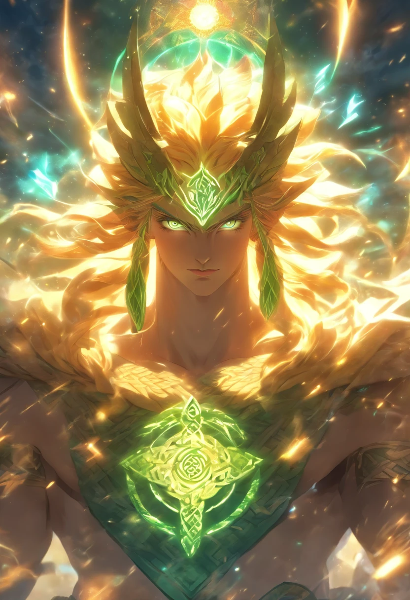 (((BELENOS))) best quality, ultra-high resolution, 4K detailed CG, master piece,Celtic god,sun, ,Celtic clothing,Celtic mythology, ((Summer God)) , Celtic image, aesthetic, screen-centered