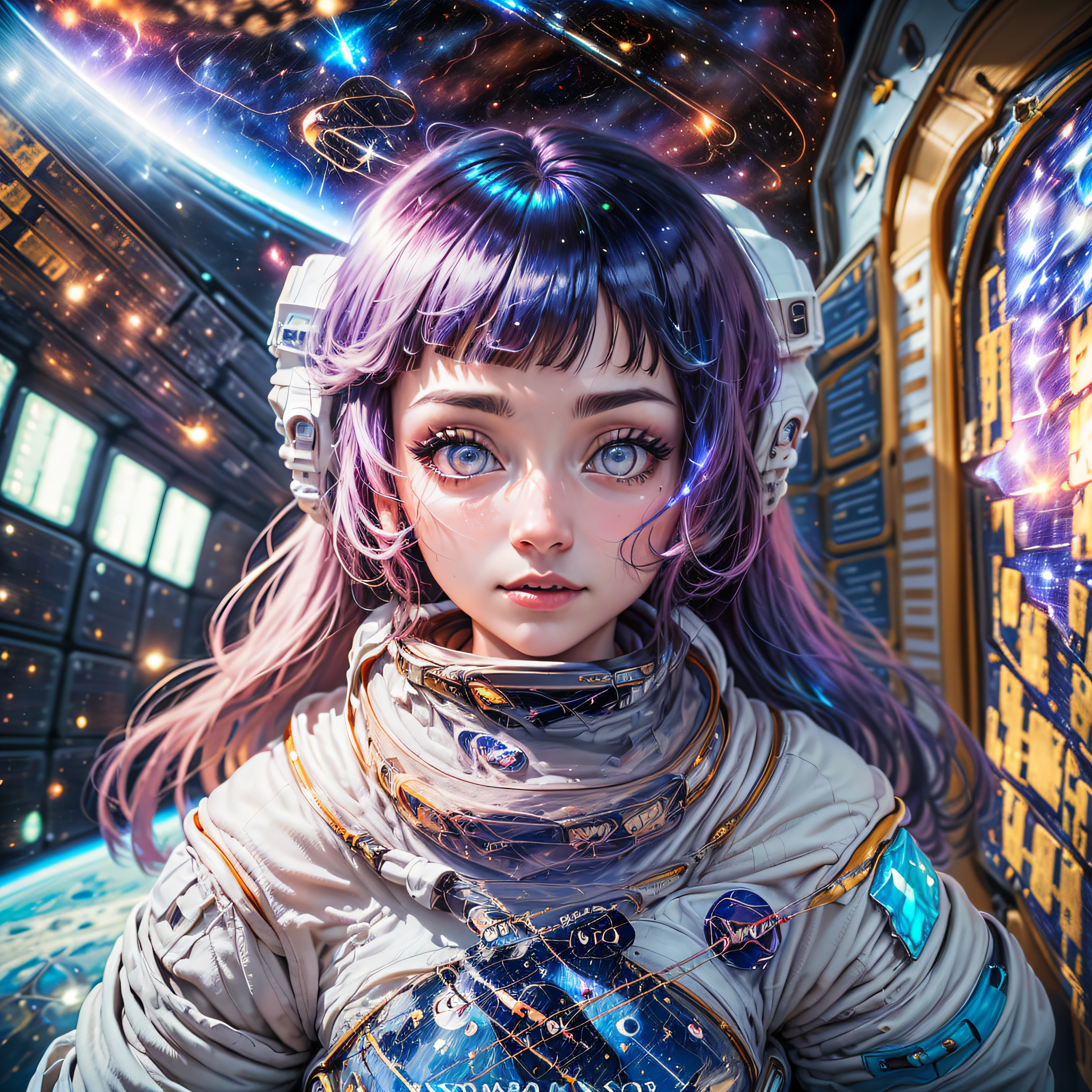 A woman holds her baby watching outside a huge window, an extensive solar system outside the window, in the style of science fiction, romantic academy, cyberpunk manga, details that blink and not notice, wide skies, hyper-realistic, minimalist and futuristic photography --auto --s2