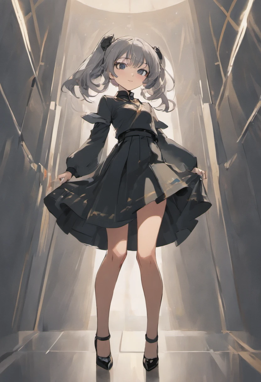 1girl, “black high heels with skinny heels", a "pencil skirt in a light gray color that reaches from the upper part of her thighs to her knees", "a fitted long-sleeved turtleneck in a navy blue color that reaches down to her wrists", and "a delicate gold necklace with a heart-shaped pendant”