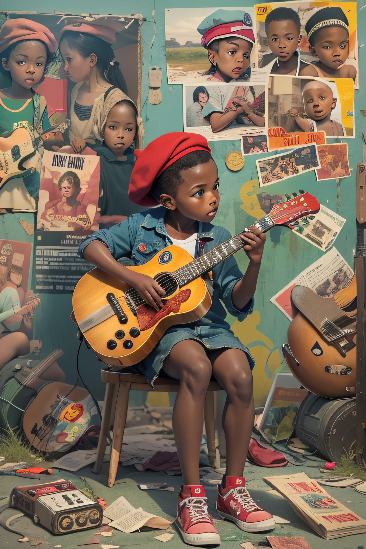 Black with red beret playing guitar in a Cuban square, Detailed guitar with lots of stickers stuck on the body.