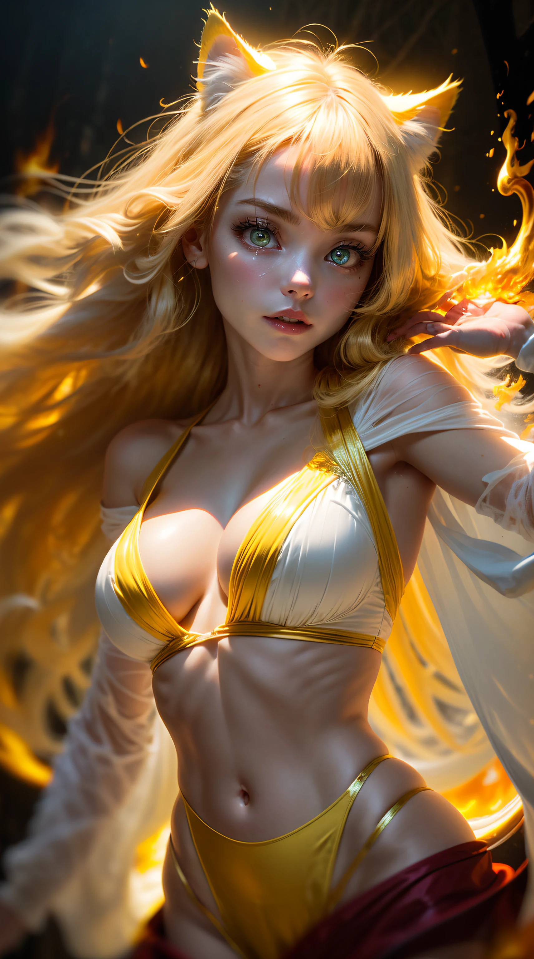 Best Quality, Masterpiece, 8k, RAW, Cute yellow Silk Cat Ear Girl Naked, (Ghost-Girl:1.4), blonde long hair, cute yellow Lingerie, (engulfed in golden Flames:1.2), ghostly light, eerie Atmosphere, (full-body Portrait), Deep-Woods, (Fog:1.2), (Glowing Eyes:1.2)