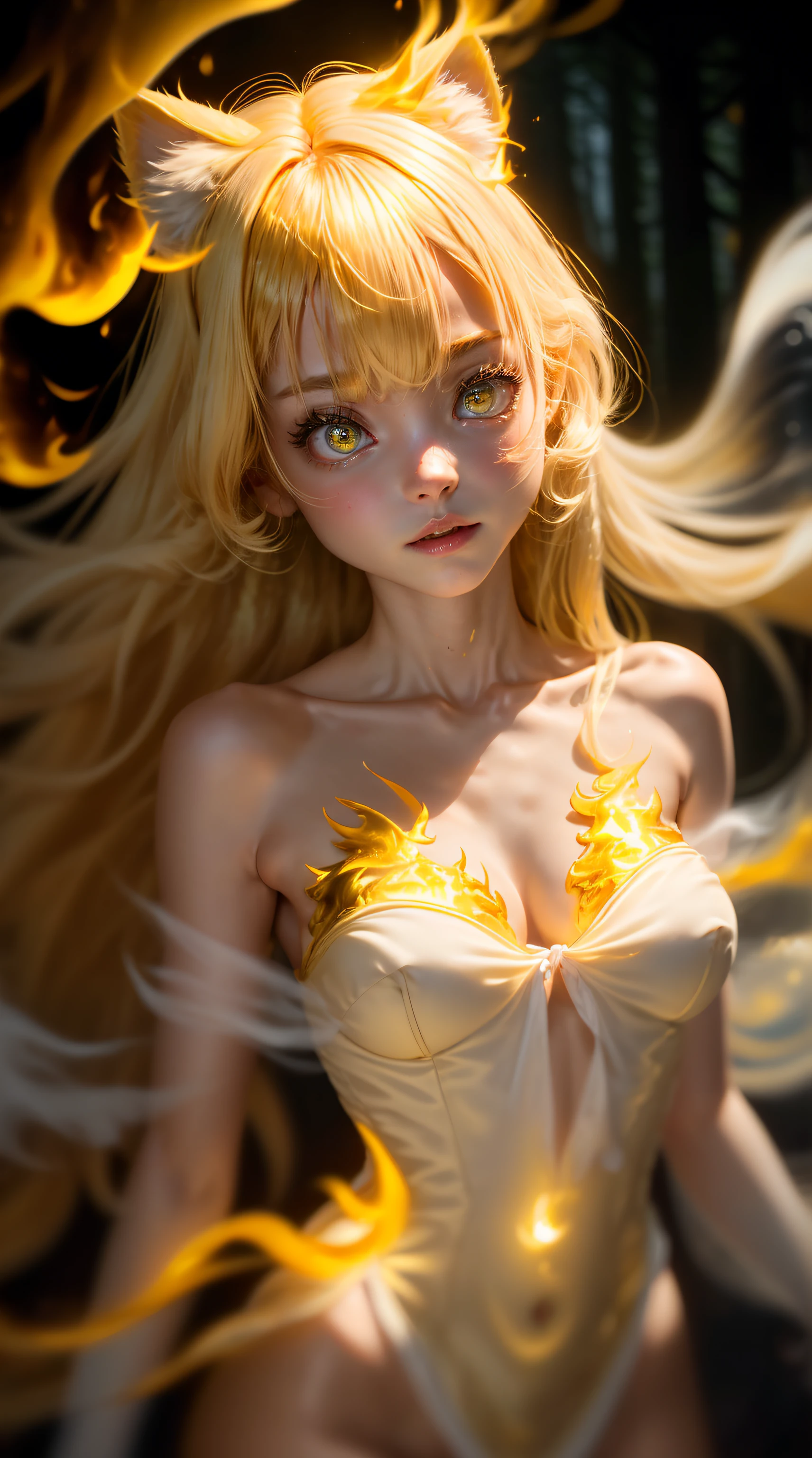 Best Quality, Masterpiece, 8k, RAW, Cute yellow Silk Cat Ear Girl Naked, (Ghost-Girl:1.4), blonde long hair, cute yellow Lingerie, (engulfed in golden Flames:1.2), ghostly light, eerie Atmosphere, (full-body Portrait), Deep-Woods, (Fog:1.2), (Glowing Eyes:1.2)