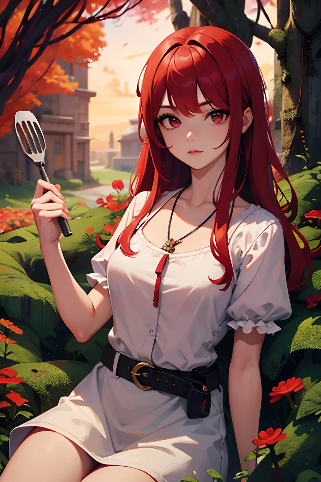 1 saint priest, red and white dress, red eyes, red hair, girl, Spatula in hand, Best Quality, Ultra High Resolution, high detailed skin, high detailed face, belt, religious necklace, in a fantasy meadow, purple glowing tree, red sun, Best Quality, Ultra High Resolution, Best Quality, Ultra High Resolution,