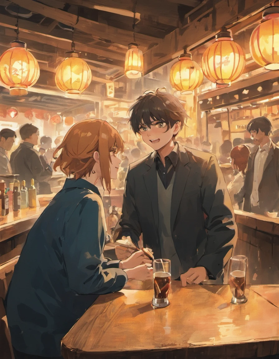Men in their 30s to 50s are happily talking and drinking in a cheap izakaya in Japan。