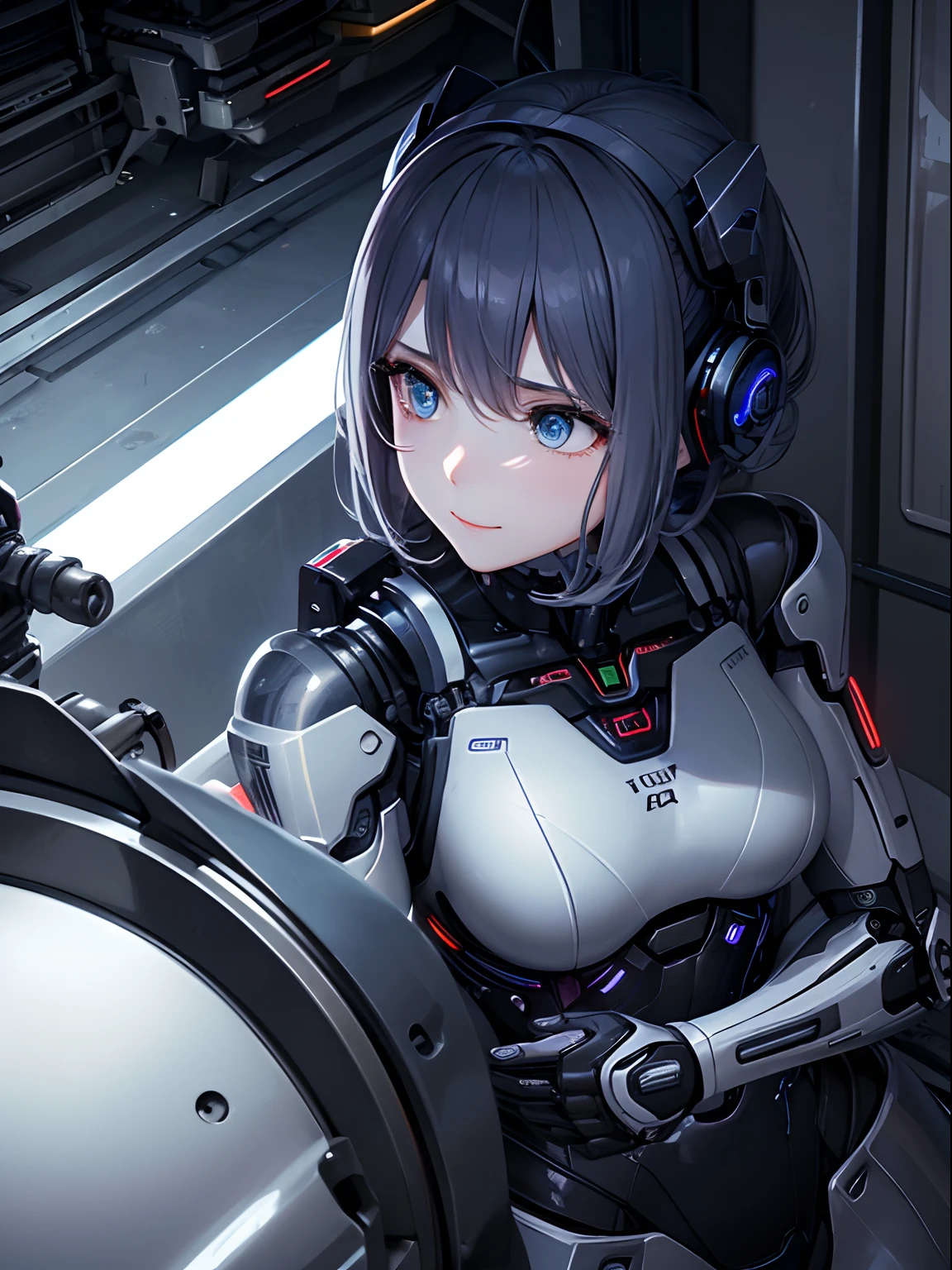 Portrait of robot woman in garage at night, scienc_fiction、Mechanical Maid Clothes、There is a crack in the armor on the face、In the job、mechanical eyes、ssmile、Beautuful Women、
