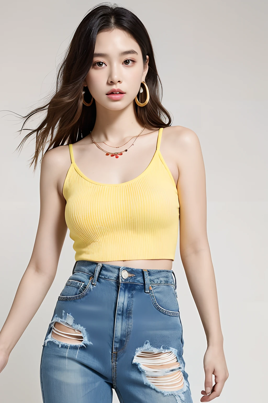 (extra detailed body、extra detailed face、best qualtiy:1.2)、femele、looking at the viewers、(Hair color with white and red and light blue and yellow gradient、Half Top、Shoulder-length piercings、a necklace、Hippie、damage jeans)、（Woodstock)