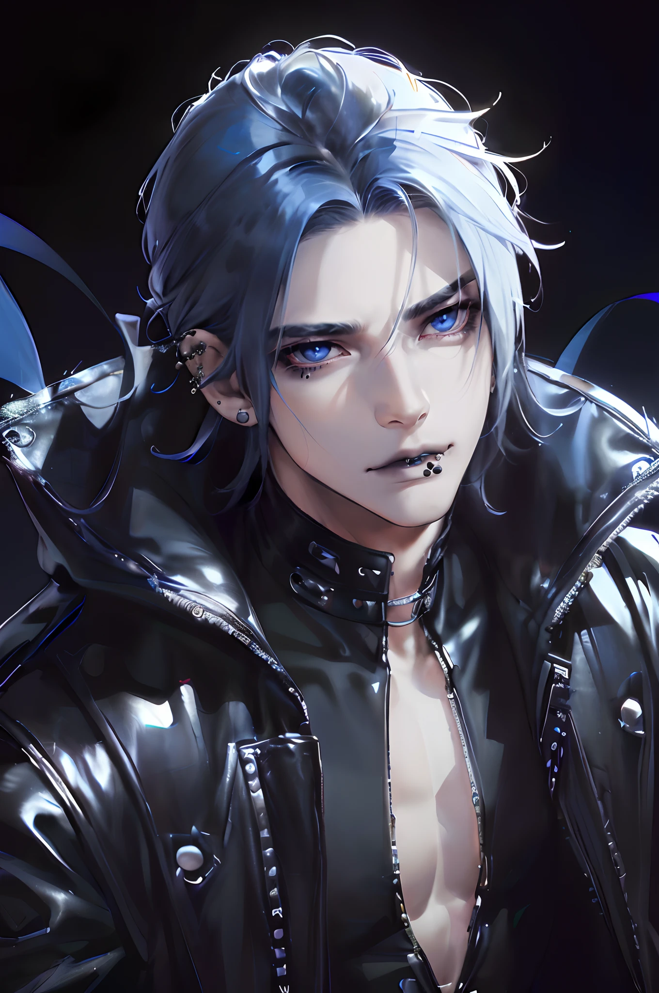 cover for a book, photography of a sexy man, a solo man, (((man))), (masculine face), 40 years old, demon, bad boy, (blue eyes), expressive look, blue and white hair, white bangs, black lips, (((piercings))), (ear piercings), (gotjic style), japanese style, ((((visual kei))), (((dark background))), shine hair, unshaven, black clothes, long sleve jacket, super detailed face, perfect body, perfect shapes, realistic image, award winning photography, 8k, (((perfect shiny eyes)))