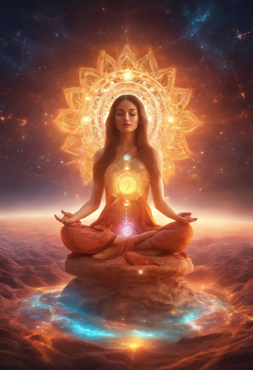 Mystical woman in the middle of the universe deep meditation, Etéric atmosphere, Aurico com desenho dos chakras